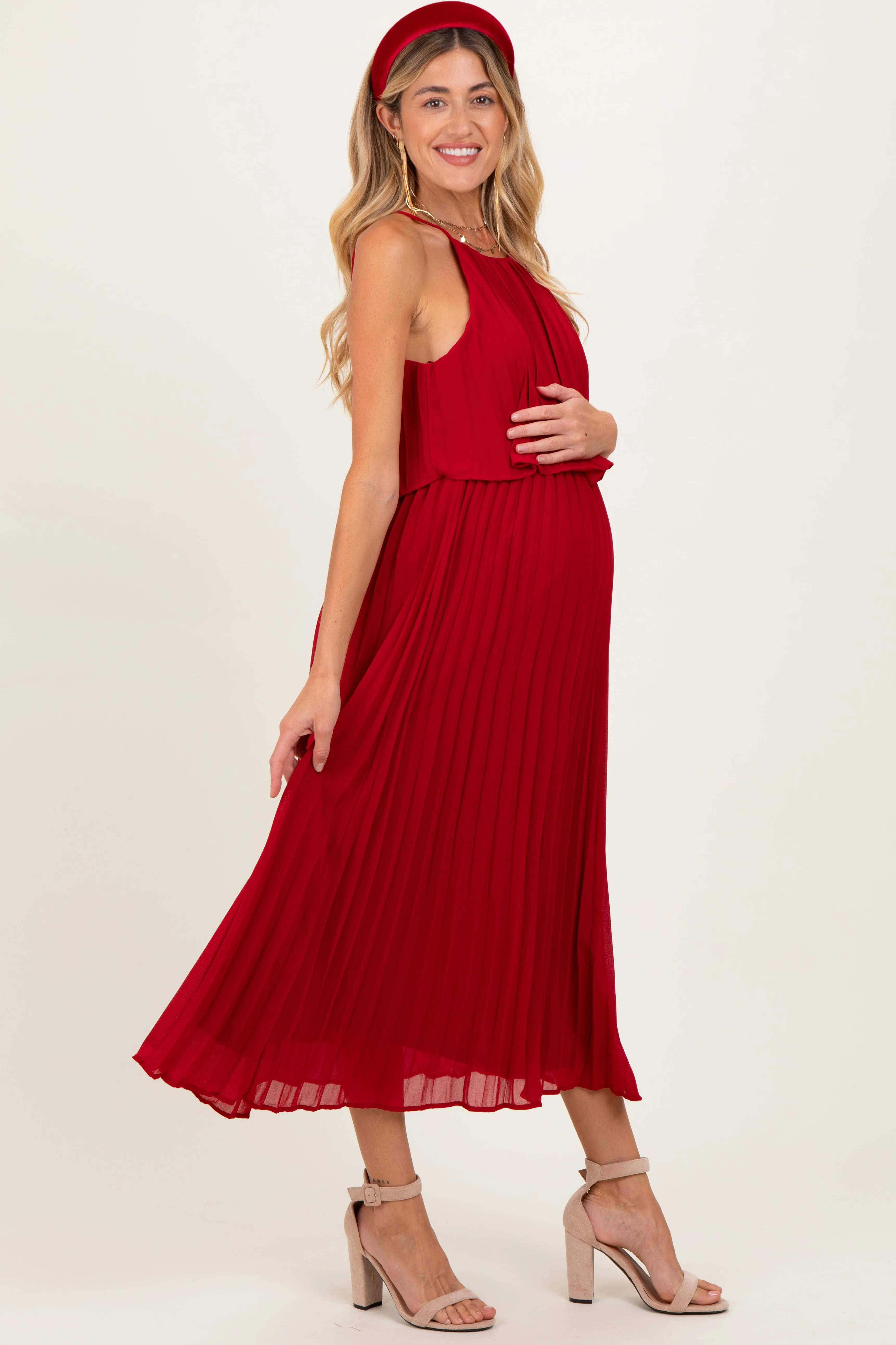 Burgundy Pleated Woven Maternity Midi Dress sold by Pinkblush product image thumbnail 3