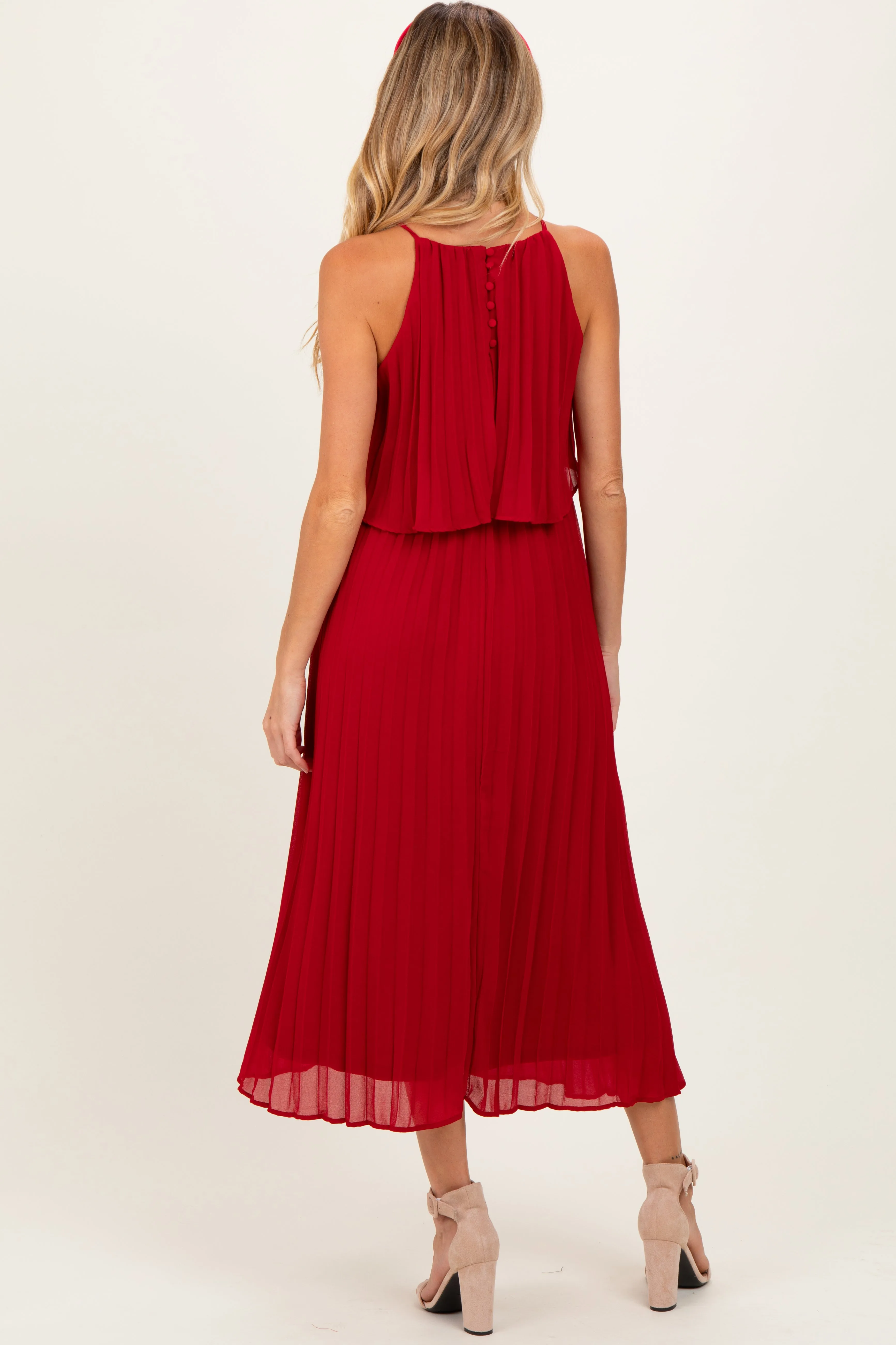 Burgundy Pleated Woven Maternity Midi Dress sold by Pinkblush product image thumbnail 4