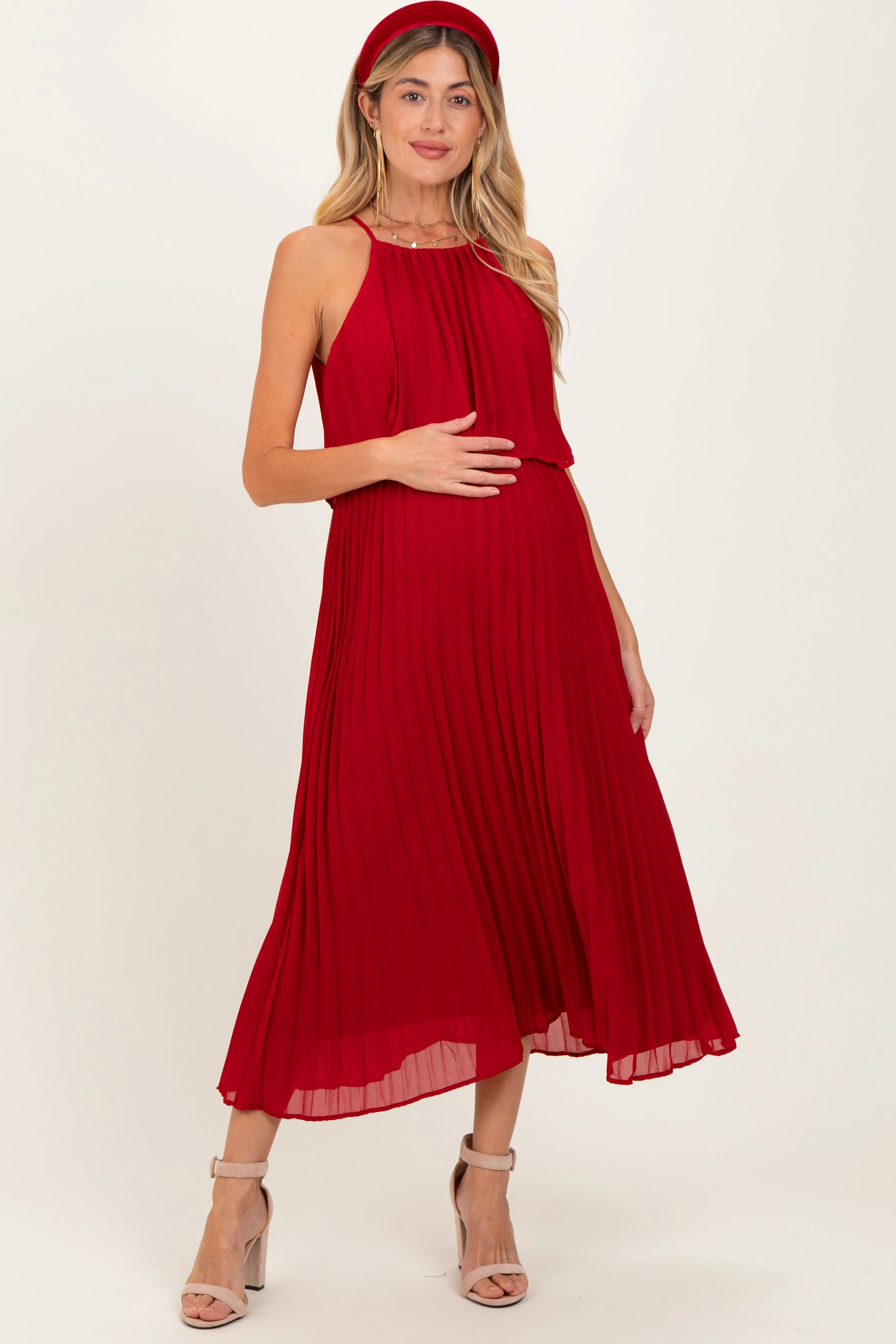 Burgundy Pleated Woven Maternity Midi Dress sold by Pinkblush