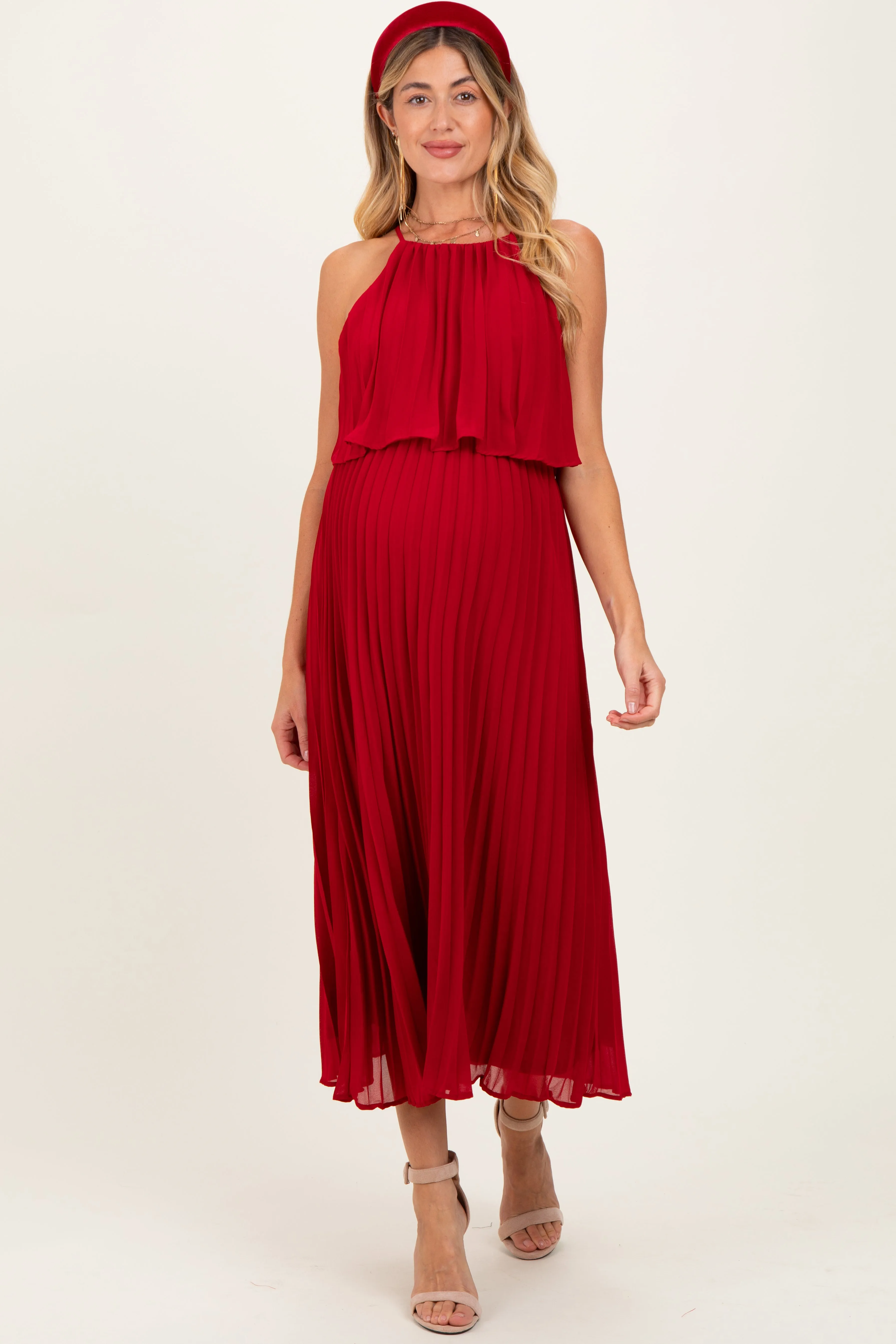 Burgundy Pleated Woven Maternity Midi Dress sold by Pinkblush product image thumbnail 2