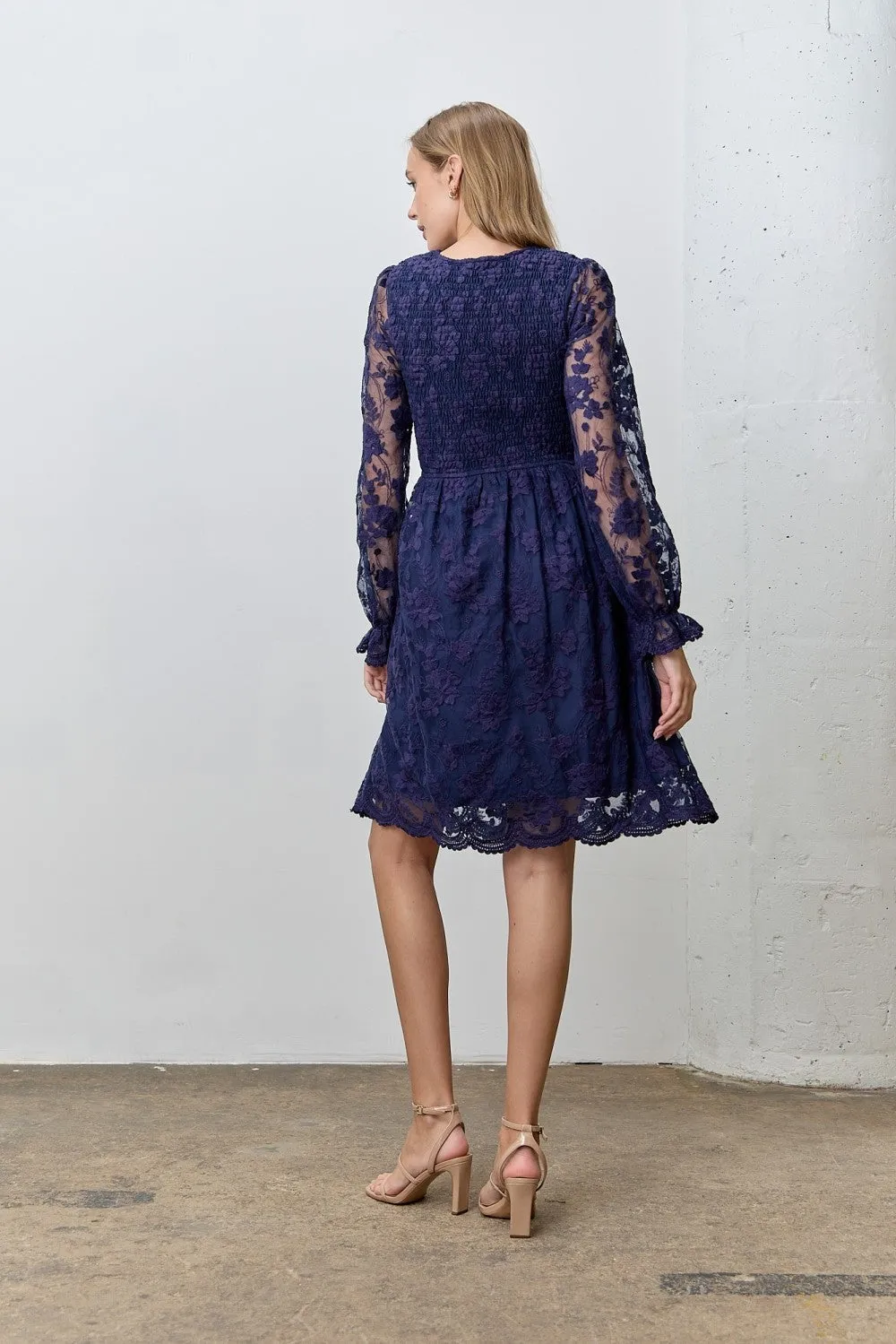 Navy Embroidered Lace Smocked Long Sleeve Dress sold by Pinkblush product image thumbnail 3