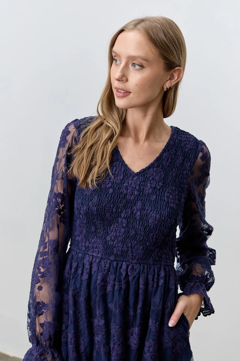 Navy Embroidered Lace Smocked Long Sleeve Dress sold by Pinkblush product image thumbnail 4