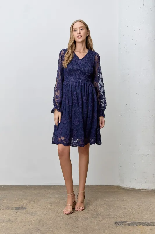 Navy Embroidered Lace Smocked Long Sleeve Dress sold by Pinkblush