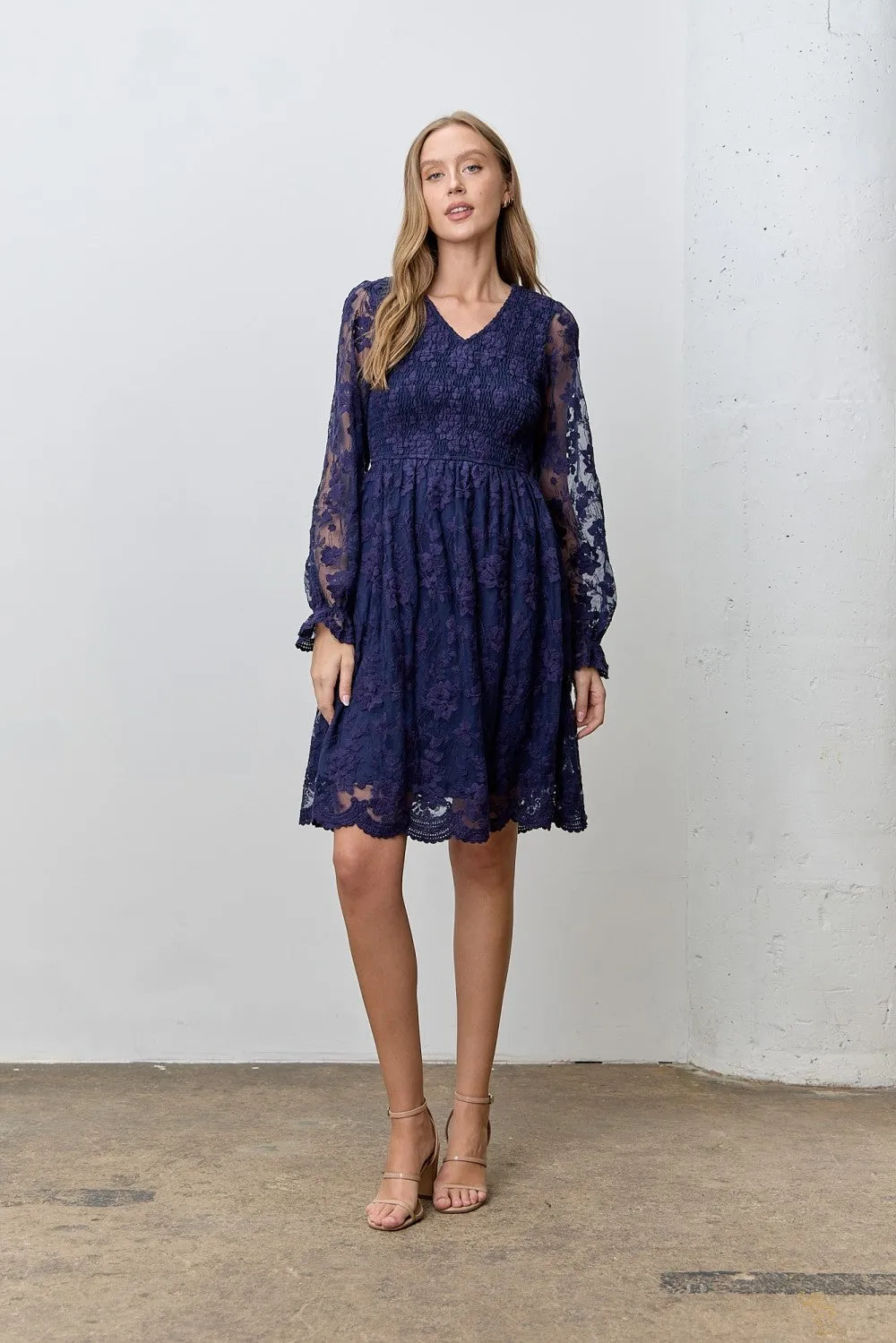 Navy Embroidered Lace Smocked Long Sleeve Dress sold by Pinkblush