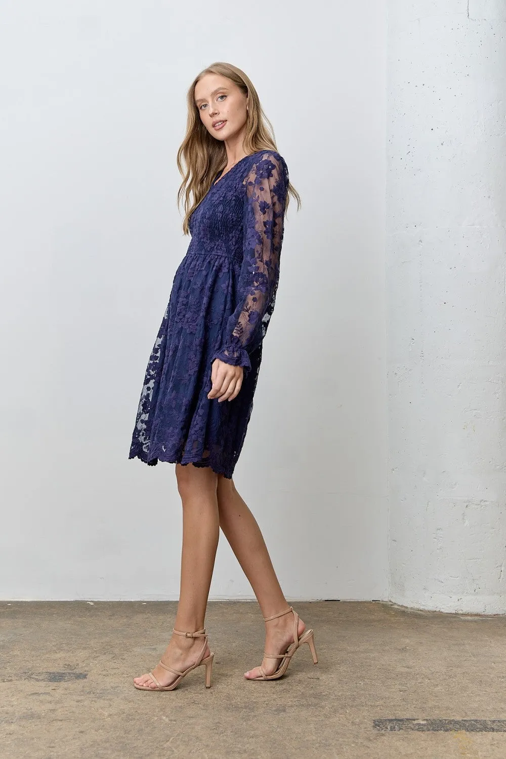 Navy Embroidered Lace Smocked Long Sleeve Dress sold by Pinkblush product image thumbnail 2