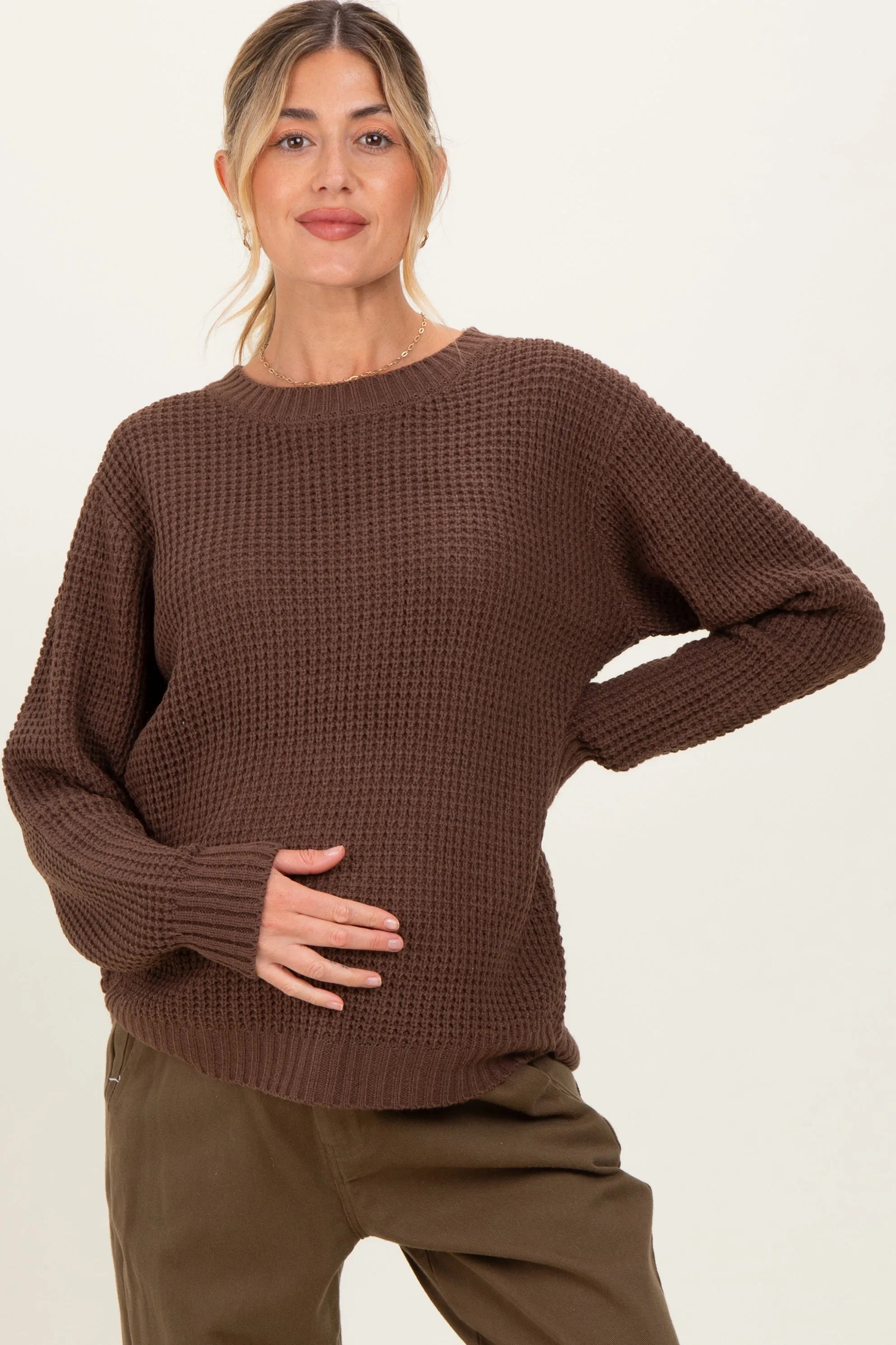 Dark Mocha Waffle Knit Rounded Hem Maternity Sweater sold by Pinkblush
