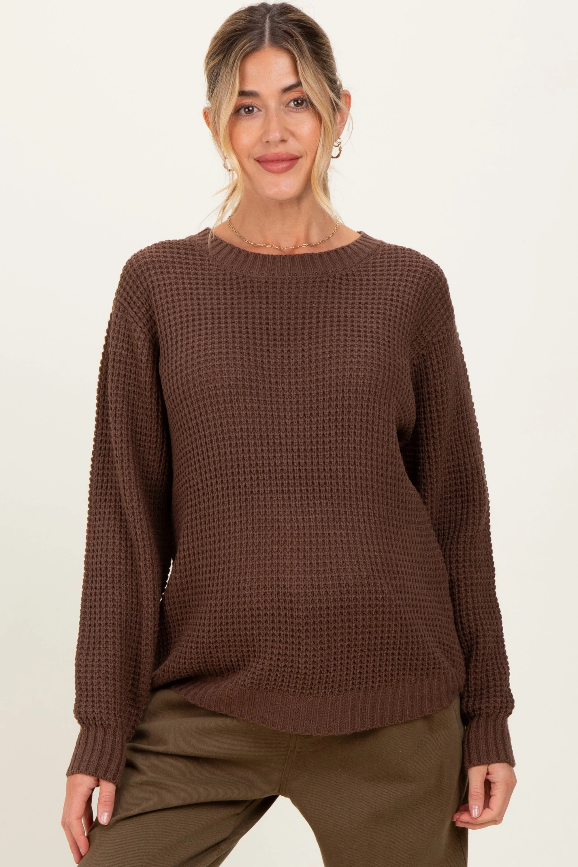 Dark Mocha Waffle Knit Rounded Hem Maternity Sweater sold by Pinkblush product image thumbnail 2