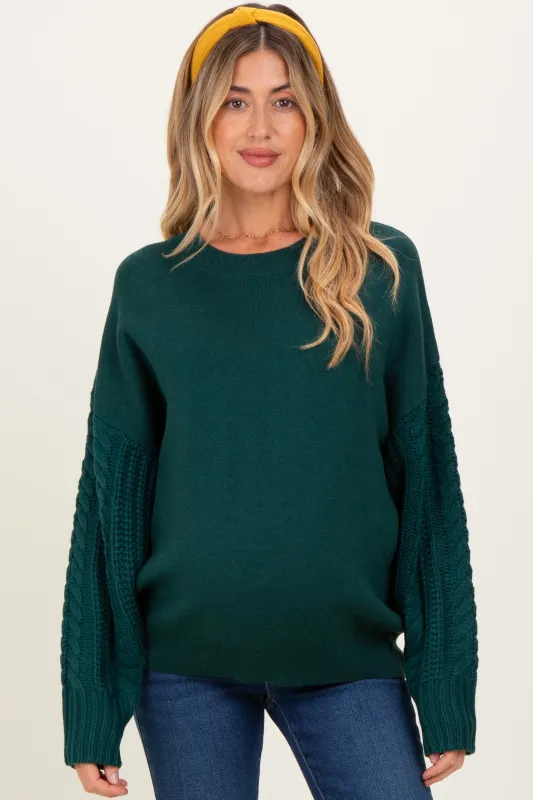 Hunter Green Cable Knit Sleeve Round Neck Maternity Sweater sold by Pinkblush