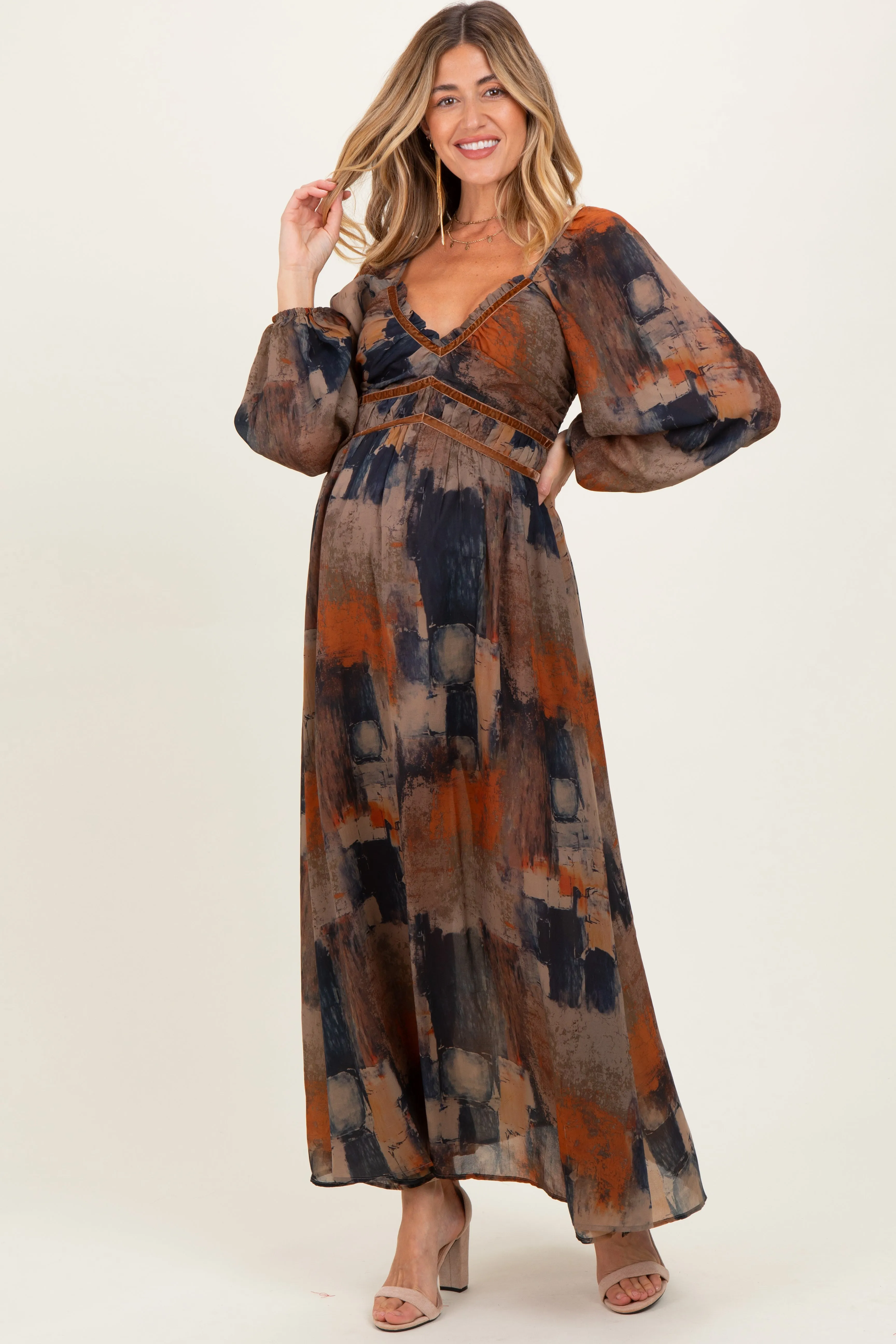 Multicolor Abstract Print Velvet Trim Maternity Maxi Dress sold by Pinkblush