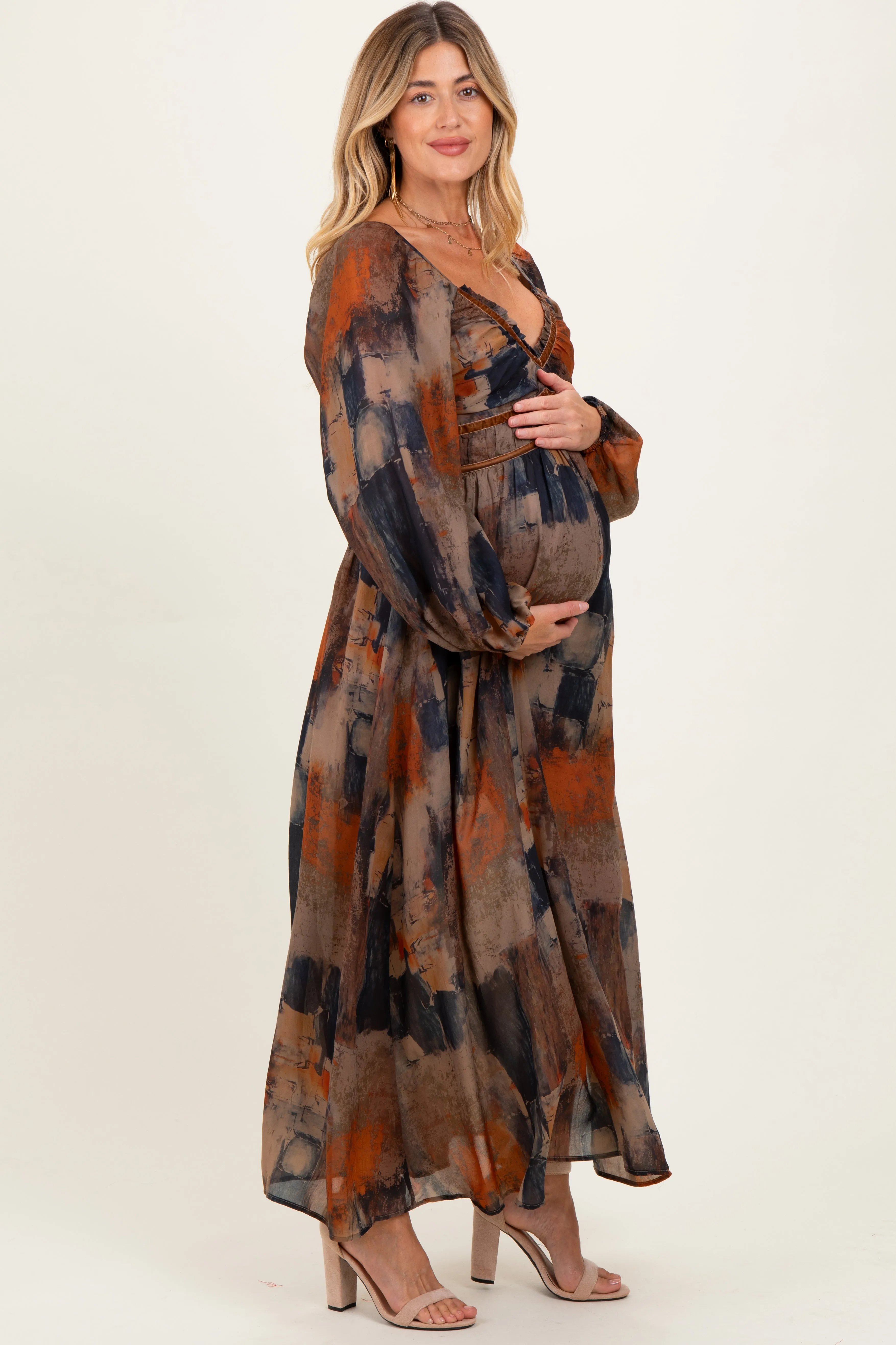 Multicolor Abstract Print Velvet Trim Maternity Maxi Dress sold by Pinkblush product image thumbnail 2