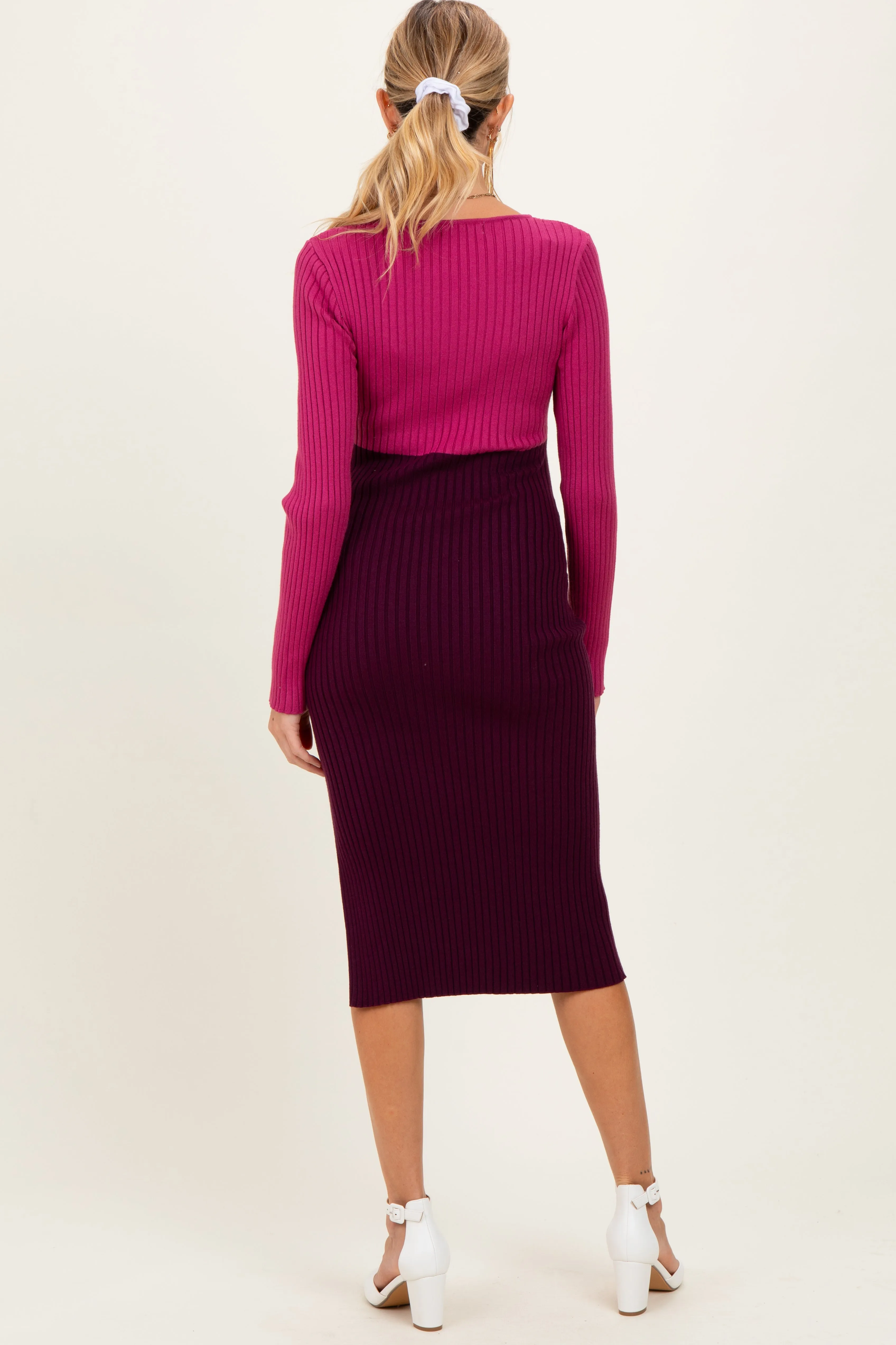 Magenta Knit Colorblock Long Sleeve Maternity Midi Dress sold by Pinkblush product image thumbnail 3