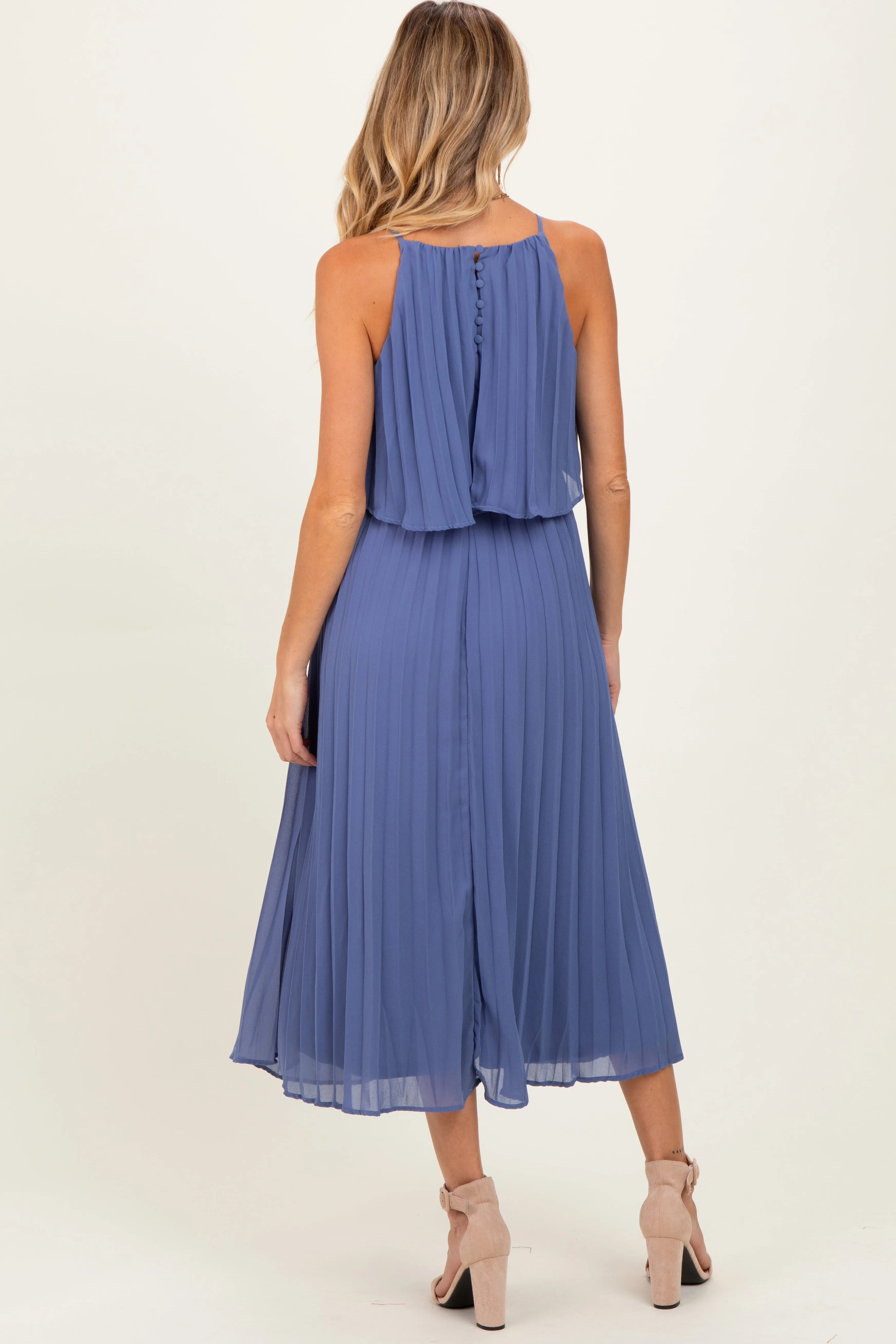 Light Navy Pleated Woven Maternity Midi Dress sold by Pinkblush product image thumbnail 4