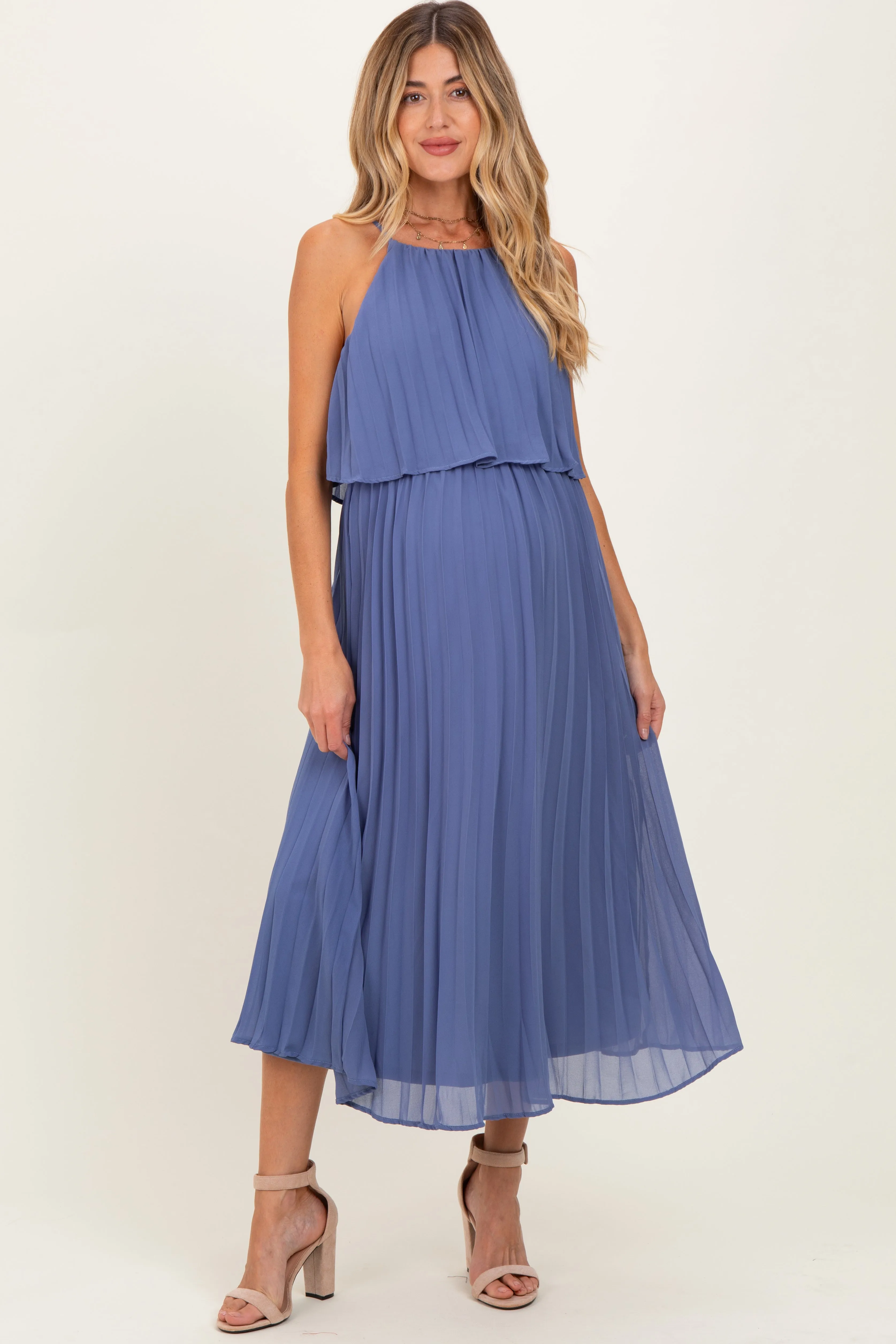 Light Navy Pleated Woven Maternity Midi Dress sold by Pinkblush