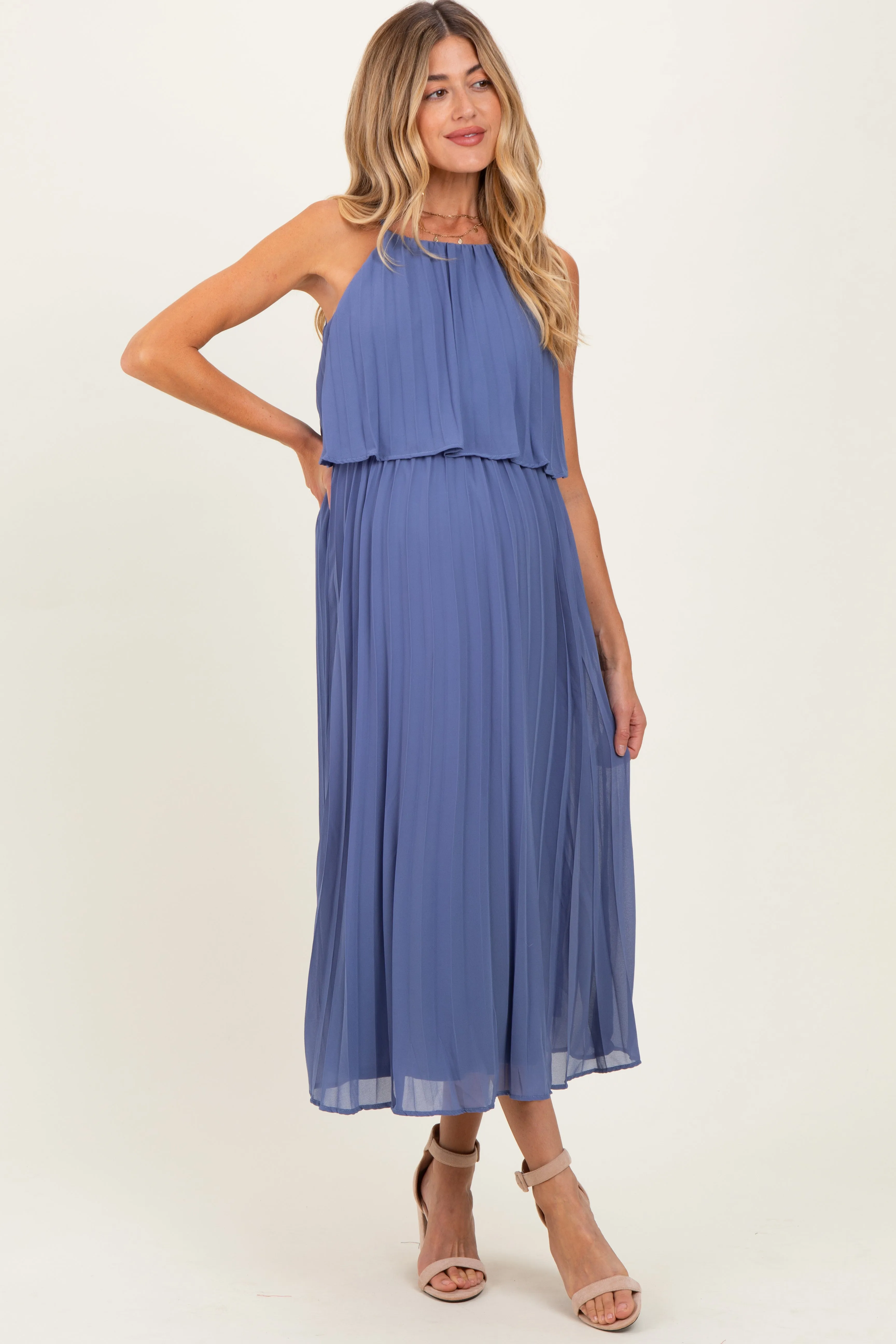 Light Navy Pleated Woven Maternity Midi Dress sold by Pinkblush product image thumbnail 2