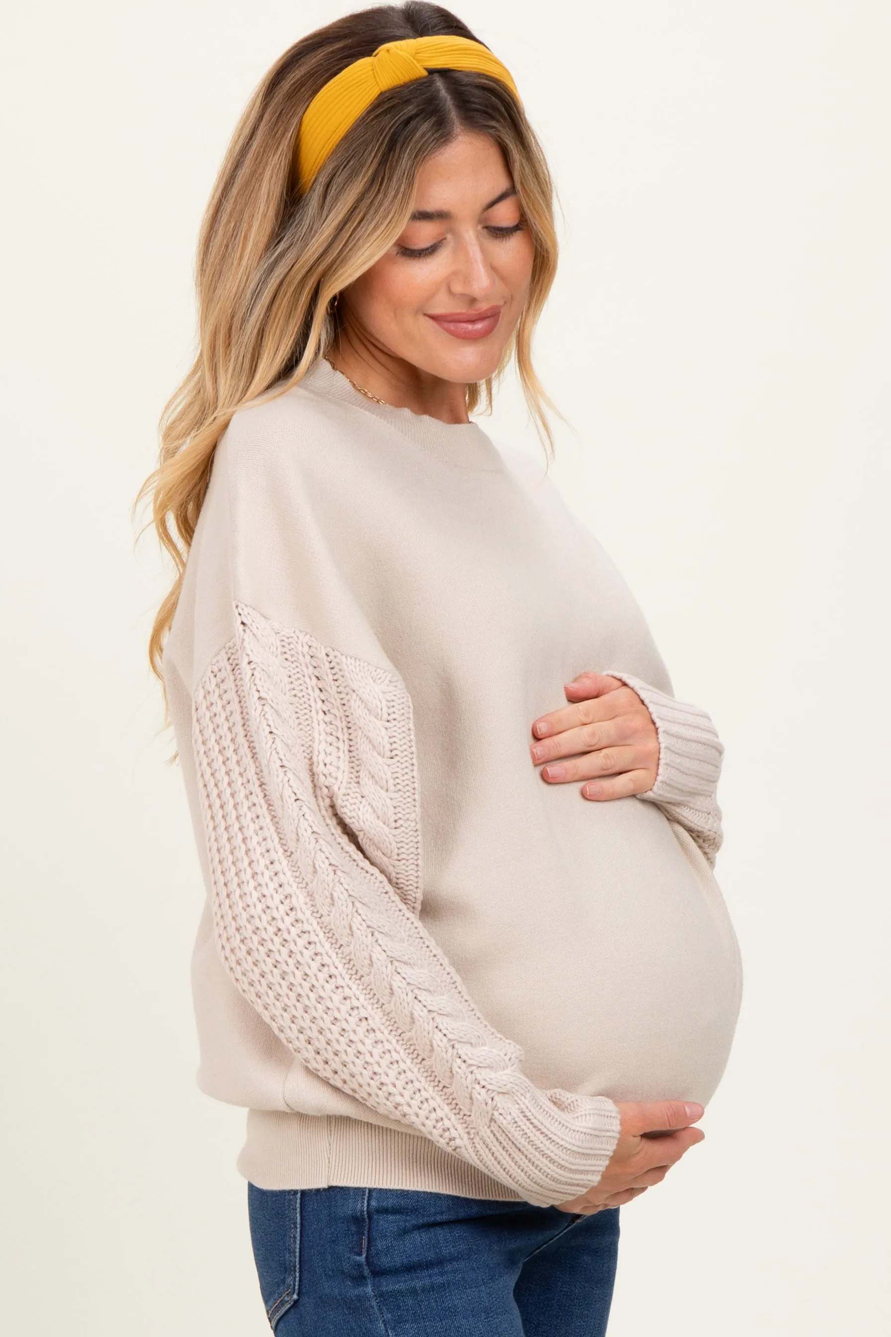 Beige Cable Knit Sleeve Round Neck Maternity Sweater sold by Pinkblush product image thumbnail 3