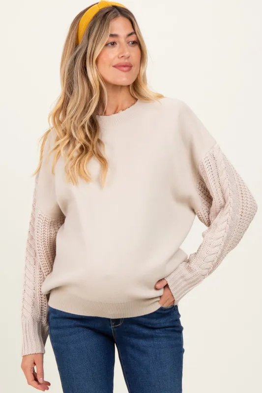 Beige Cable Knit Sleeve Round Neck Maternity Sweater sold by Pinkblush