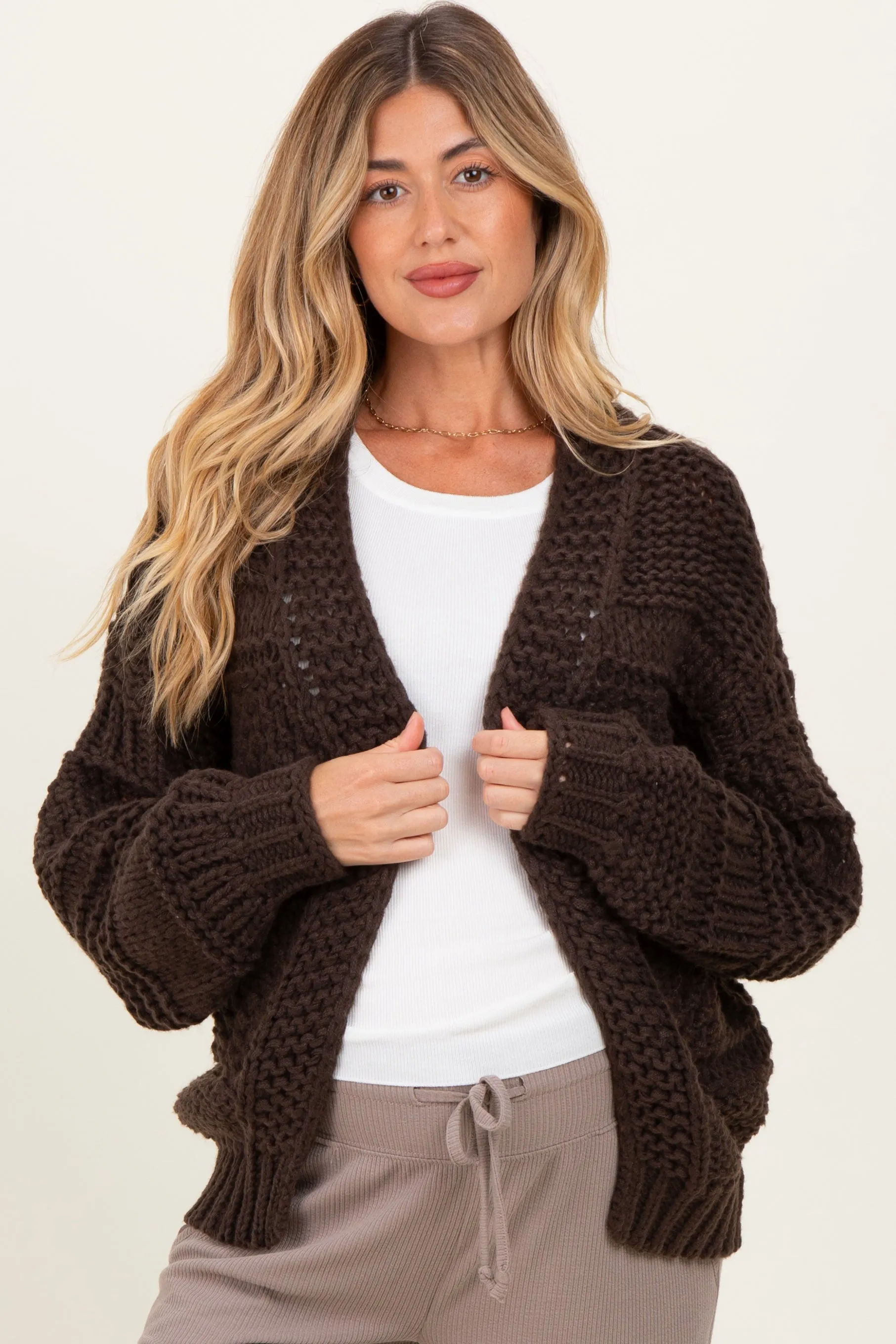 Brown Oversized Chunky Knit Maternity Cardigan sold by Pinkblush