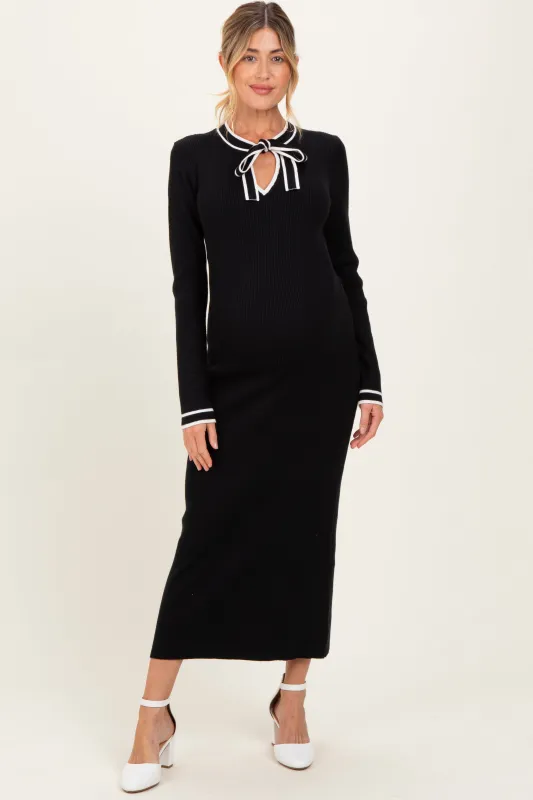 Black Tie Neck Maternity Sweater Midi Dress sold by Pinkblush