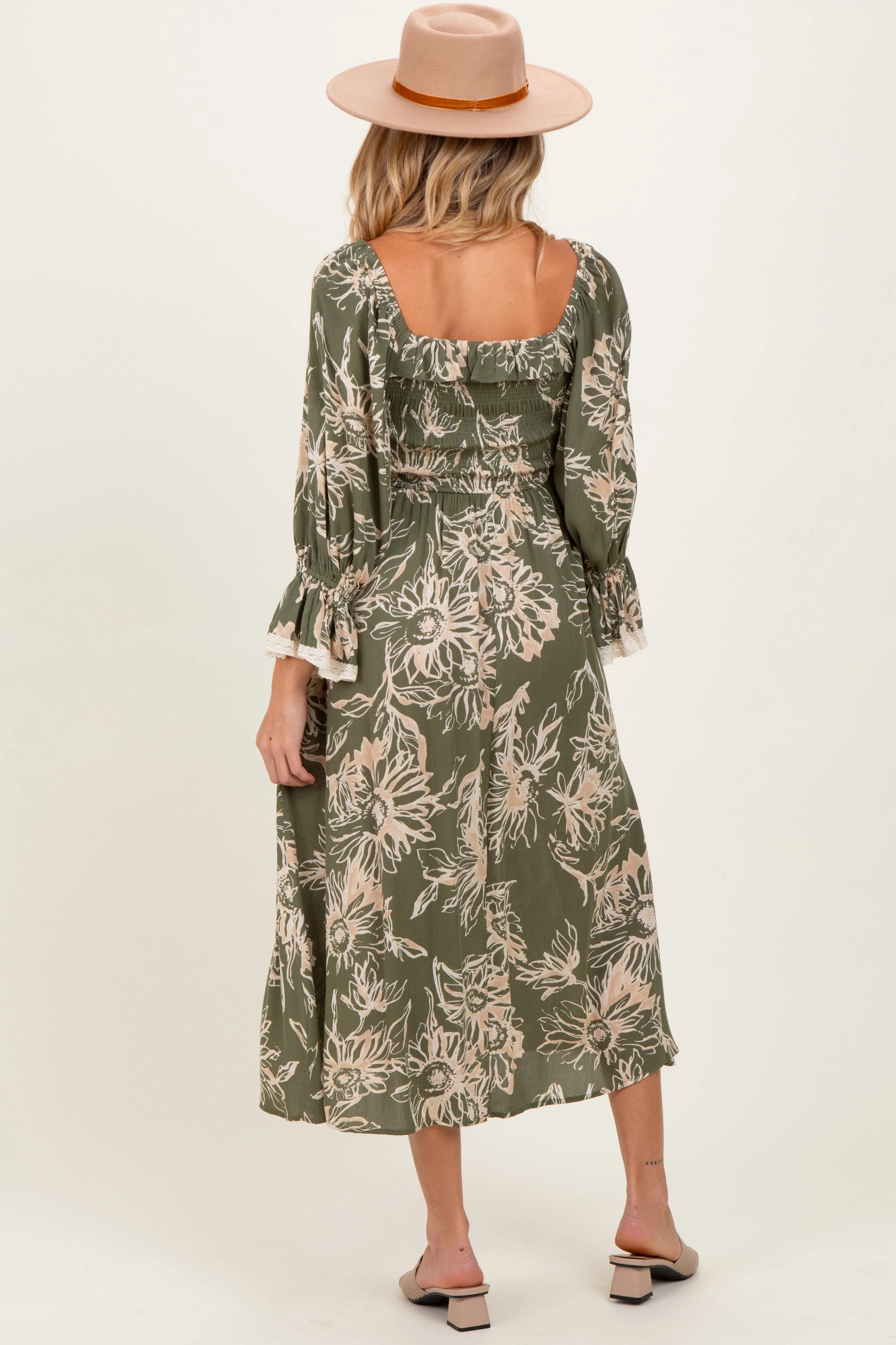 Olive Floral Smocked 3/4 Sleeve Maternity Midi Dress sold by Pinkblush product image thumbnail 4