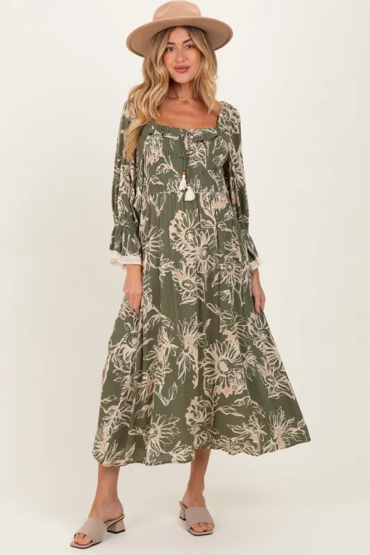 Olive Floral Smocked 3/4 Sleeve Maternity Midi Dress sold by Pinkblush