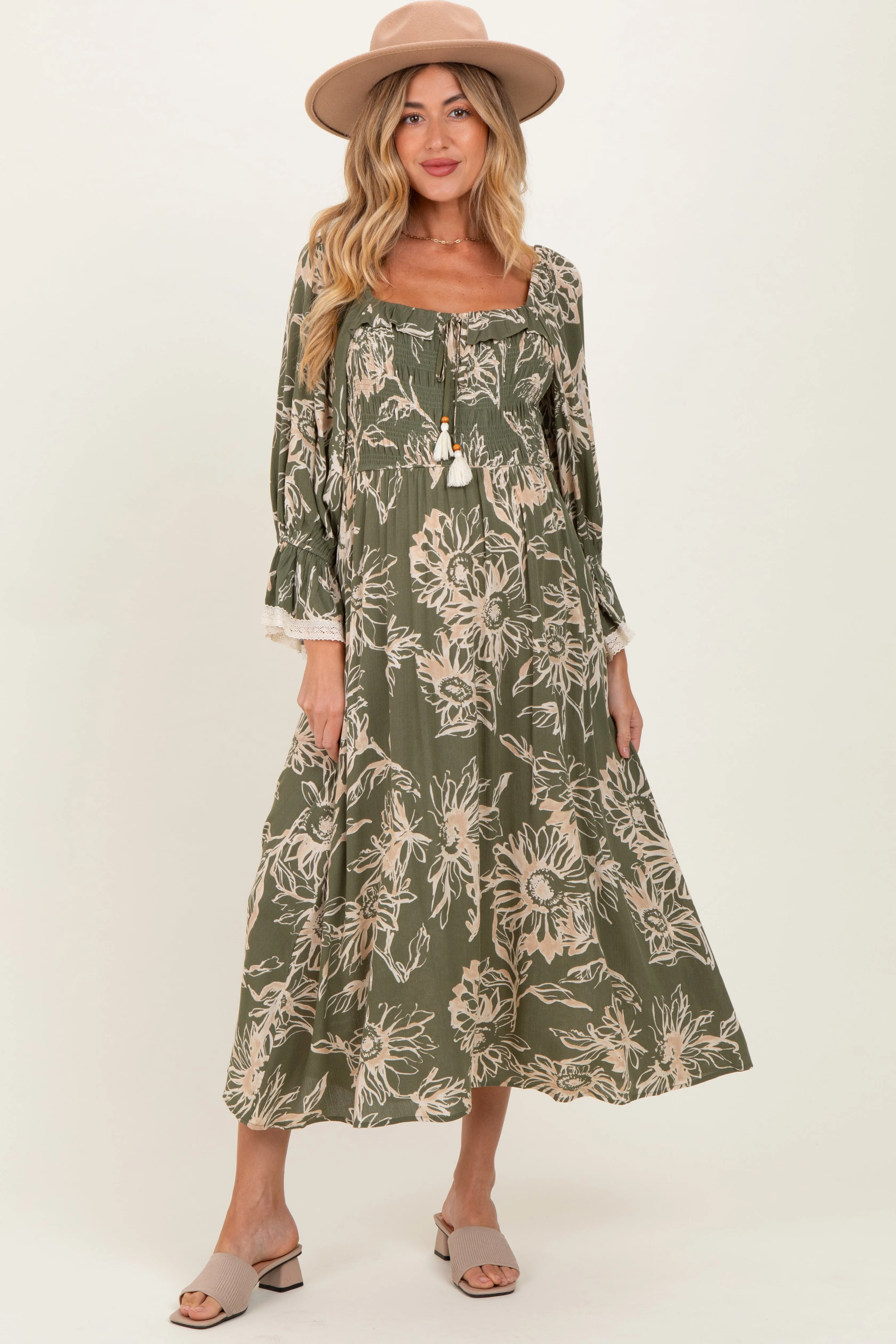 Olive Floral Smocked 3/4 Sleeve Maternity Midi Dress sold by Pinkblush