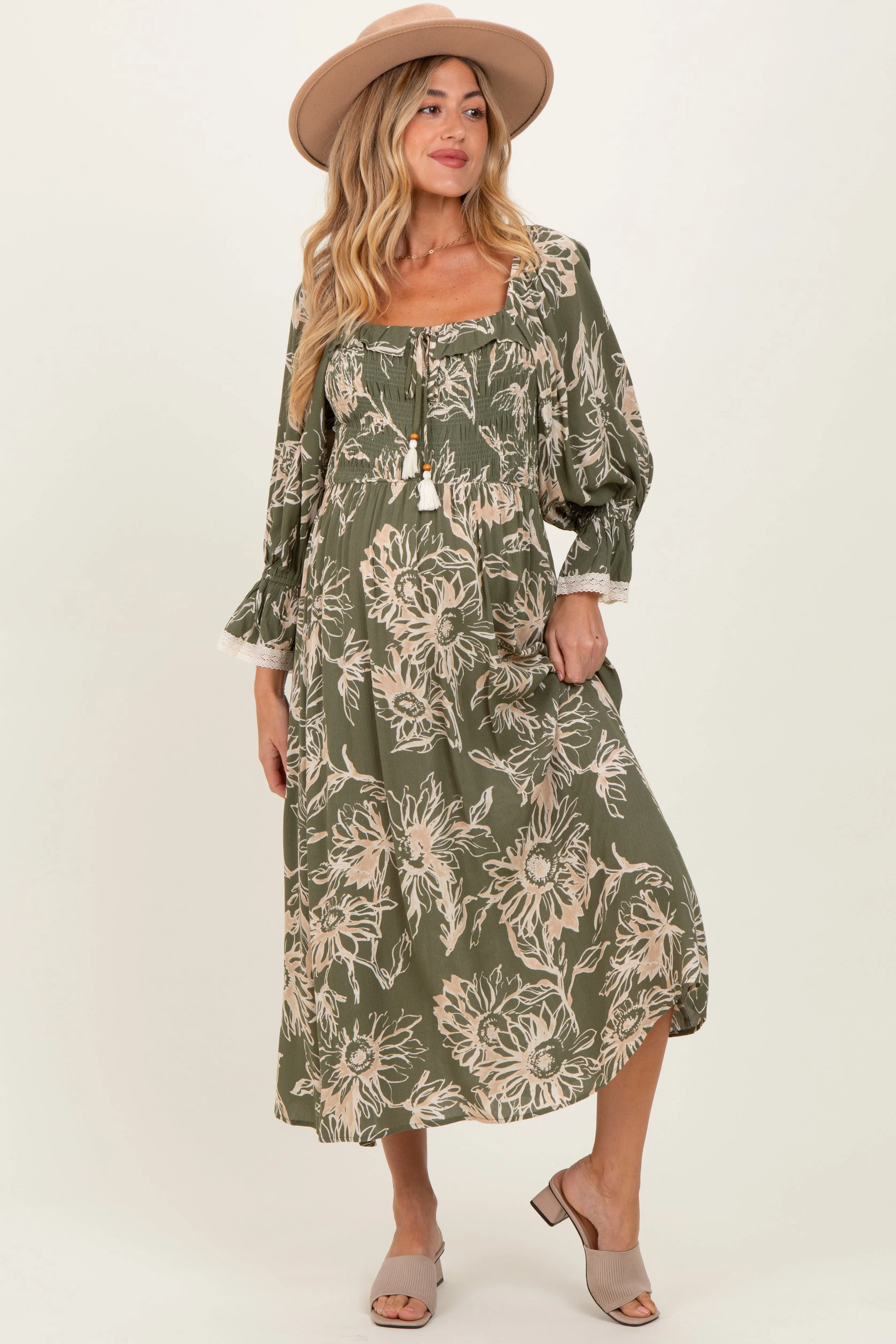 Olive Floral Smocked 3/4 Sleeve Maternity Midi Dress sold by Pinkblush product image thumbnail 2