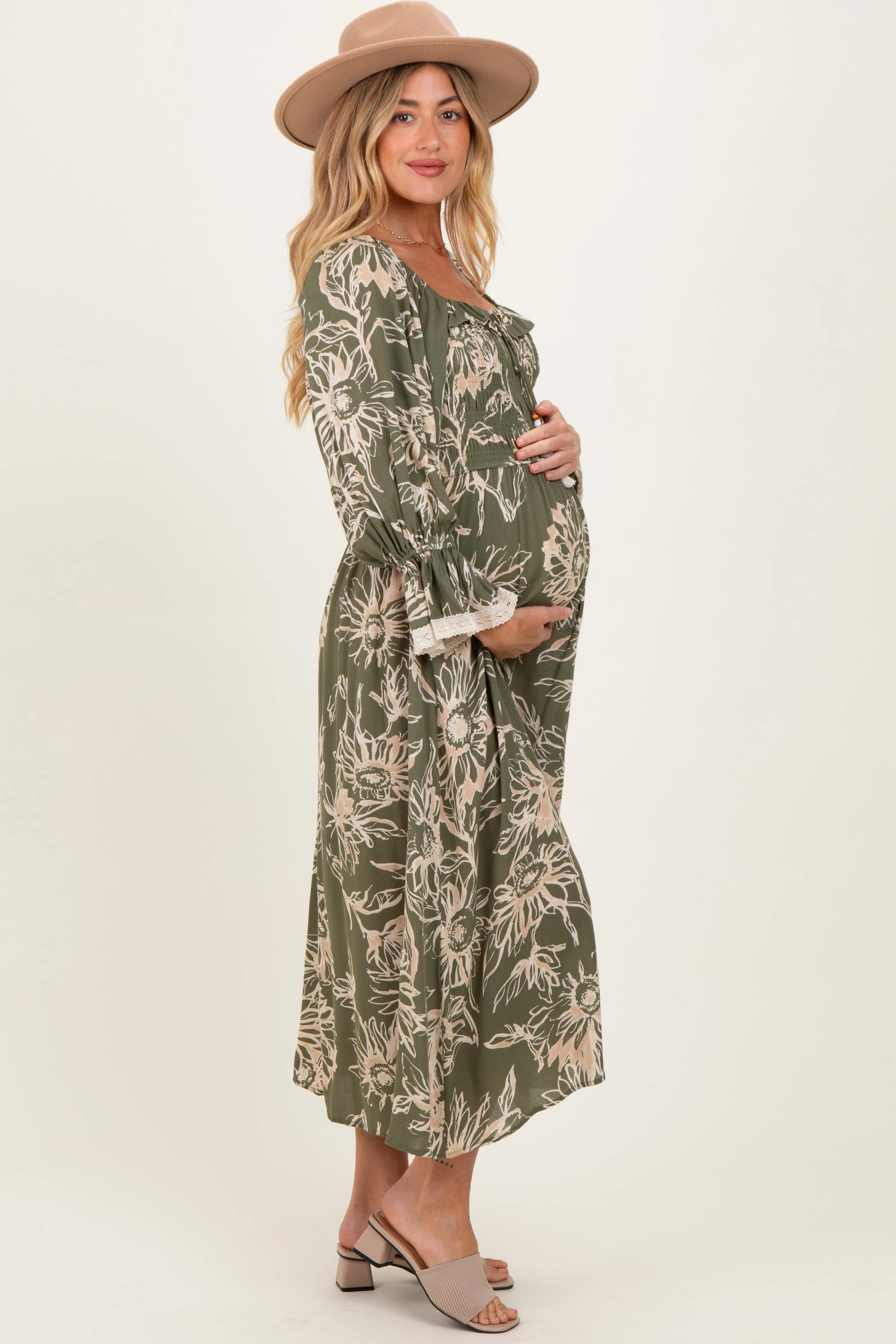 Olive Floral Smocked 3/4 Sleeve Maternity Midi Dress sold by Pinkblush product image thumbnail 3