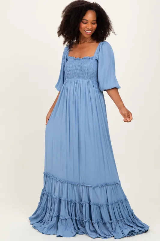 Blue Solid 3/4 Sleeve Smocked Top Tiered Maxi Dress sold by Pinkblush