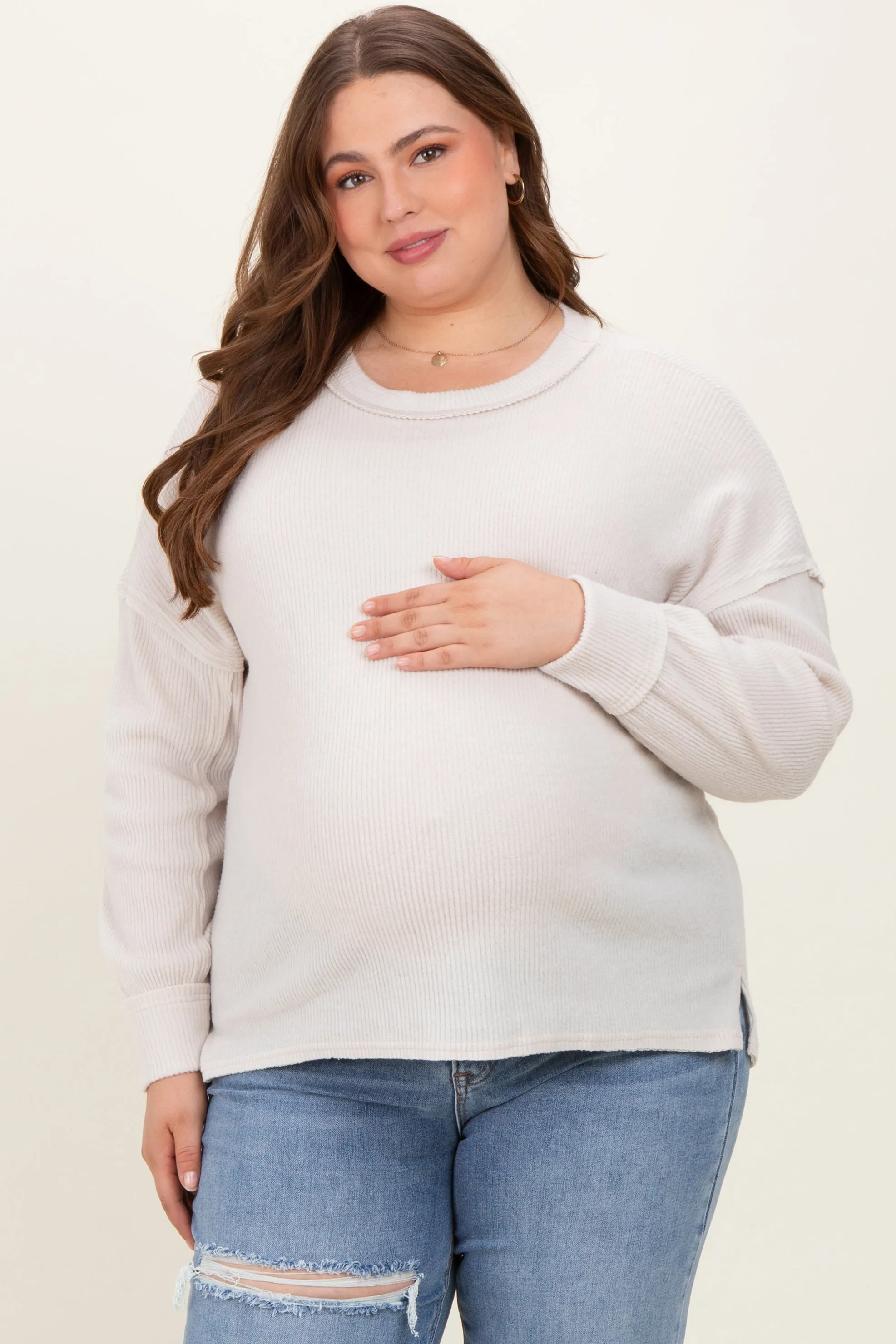 Cream Brushed Ribbed Knit Maternity Plus Pullover sold by Pinkblush product image thumbnail 2