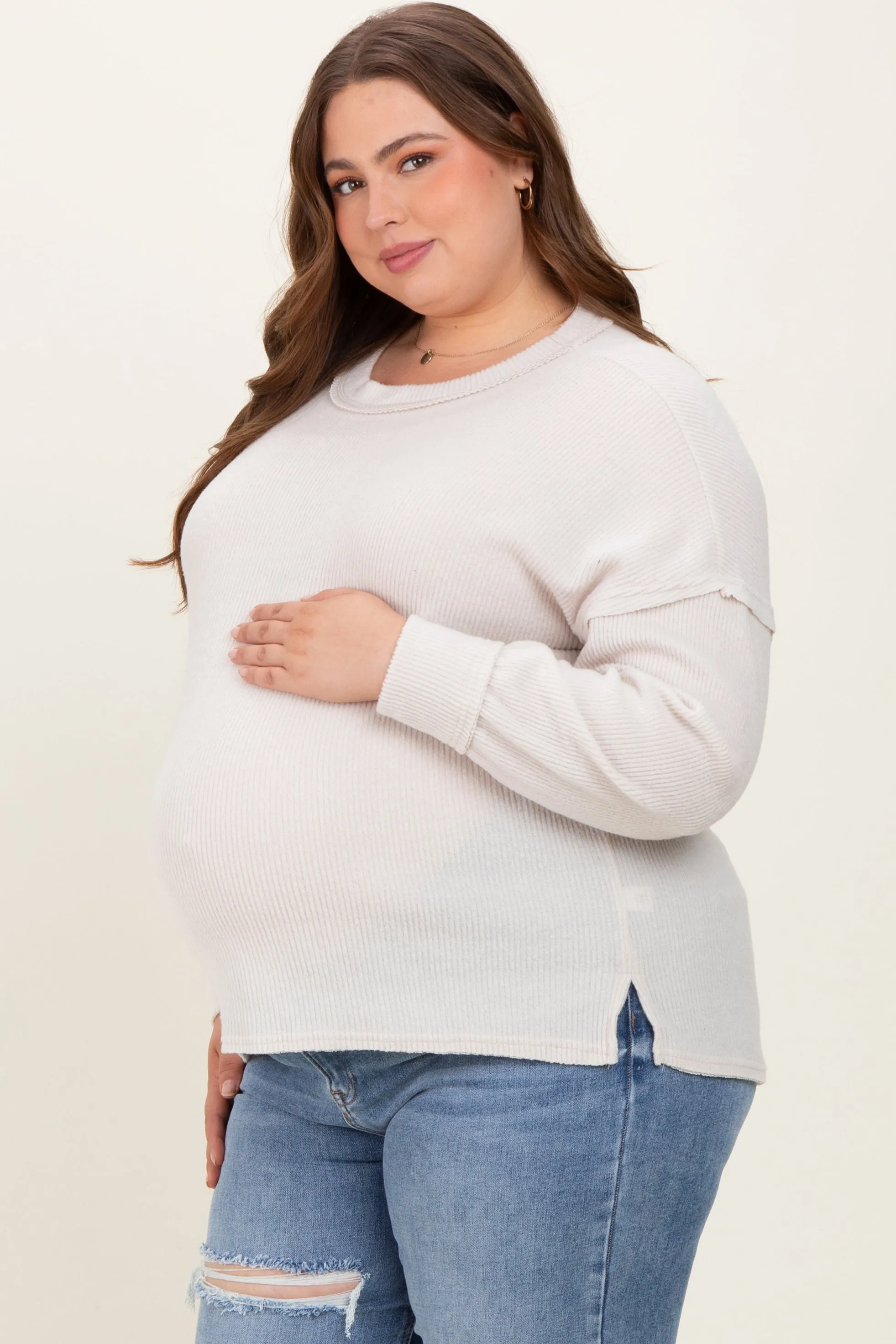 Cream Brushed Ribbed Knit Maternity Plus Pullover sold by Pinkblush product image thumbnail 3