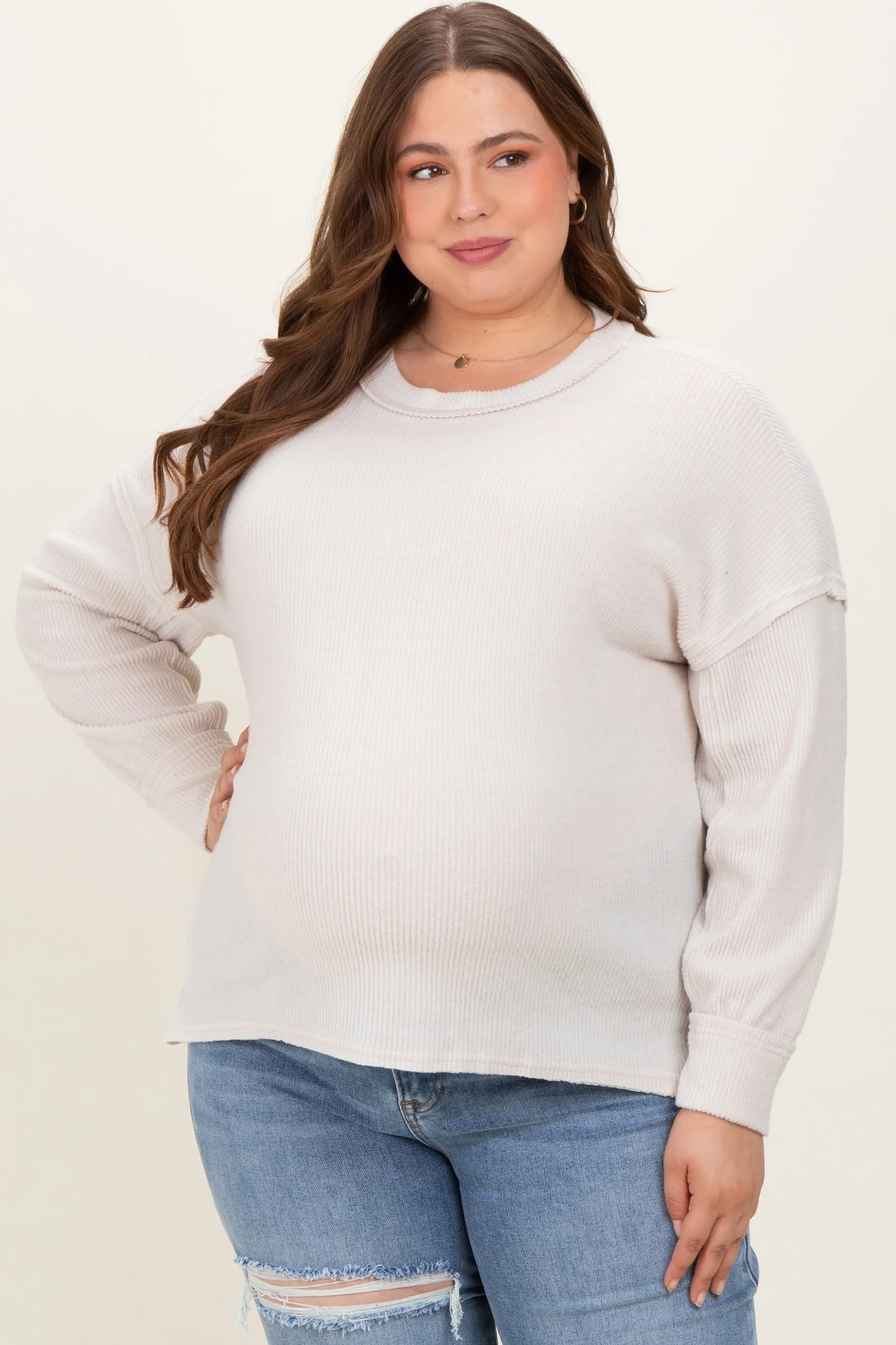 Cream Brushed Ribbed Knit Maternity Plus Pullover sold by Pinkblush