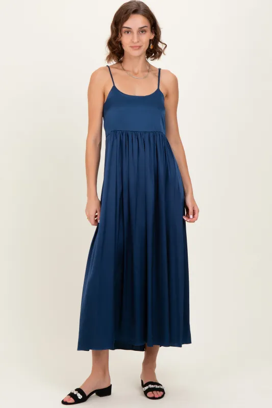 Navy Satin Sleeveless Tie-Back Midi Dress sold by Pinkblush
