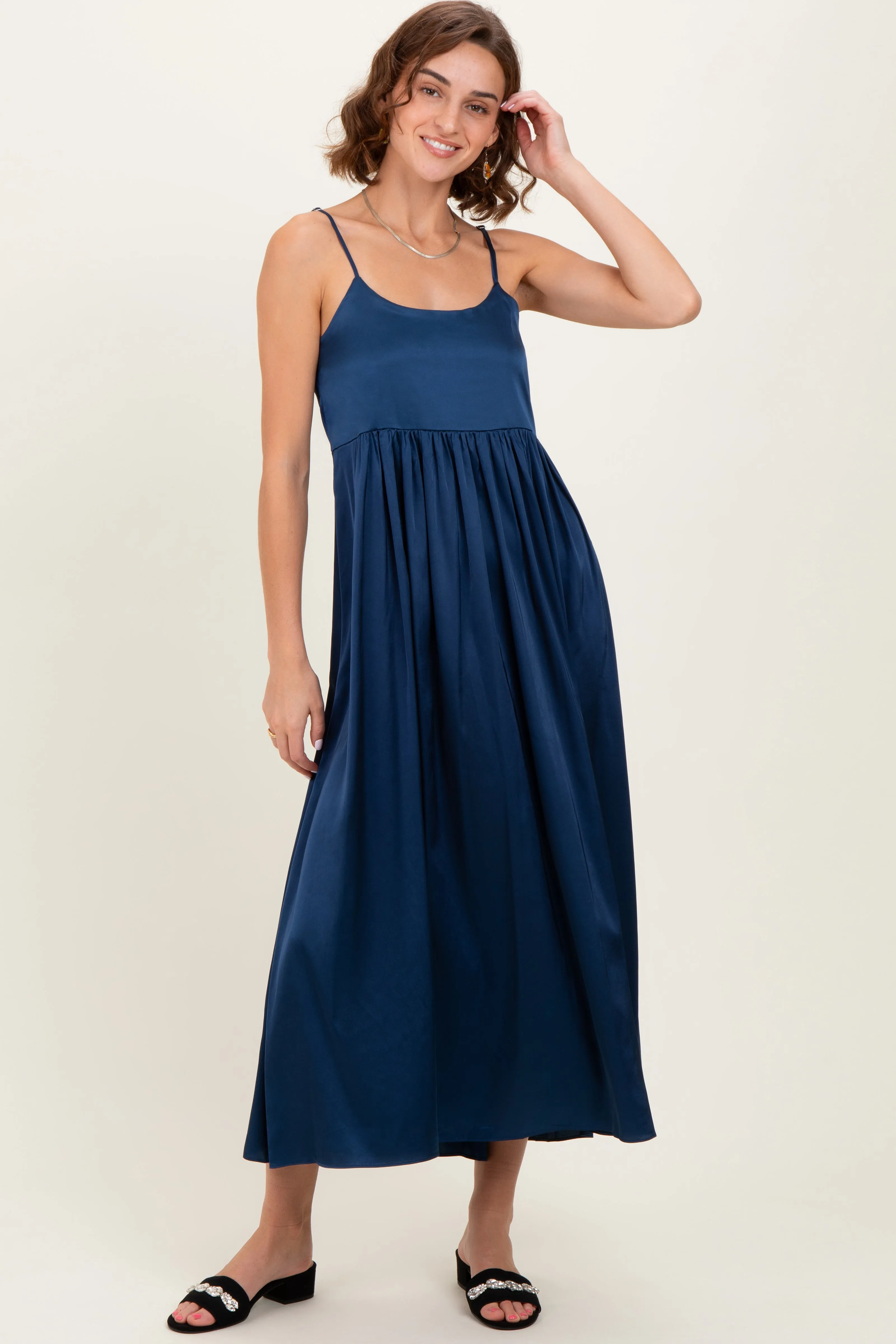 Navy Satin Sleeveless Tie-Back Midi Dress sold by Pinkblush product image thumbnail 2