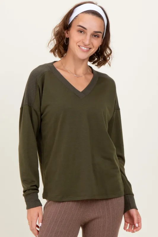 Olive V-Neck Knit Long Sleeve Top sold by Pinkblush