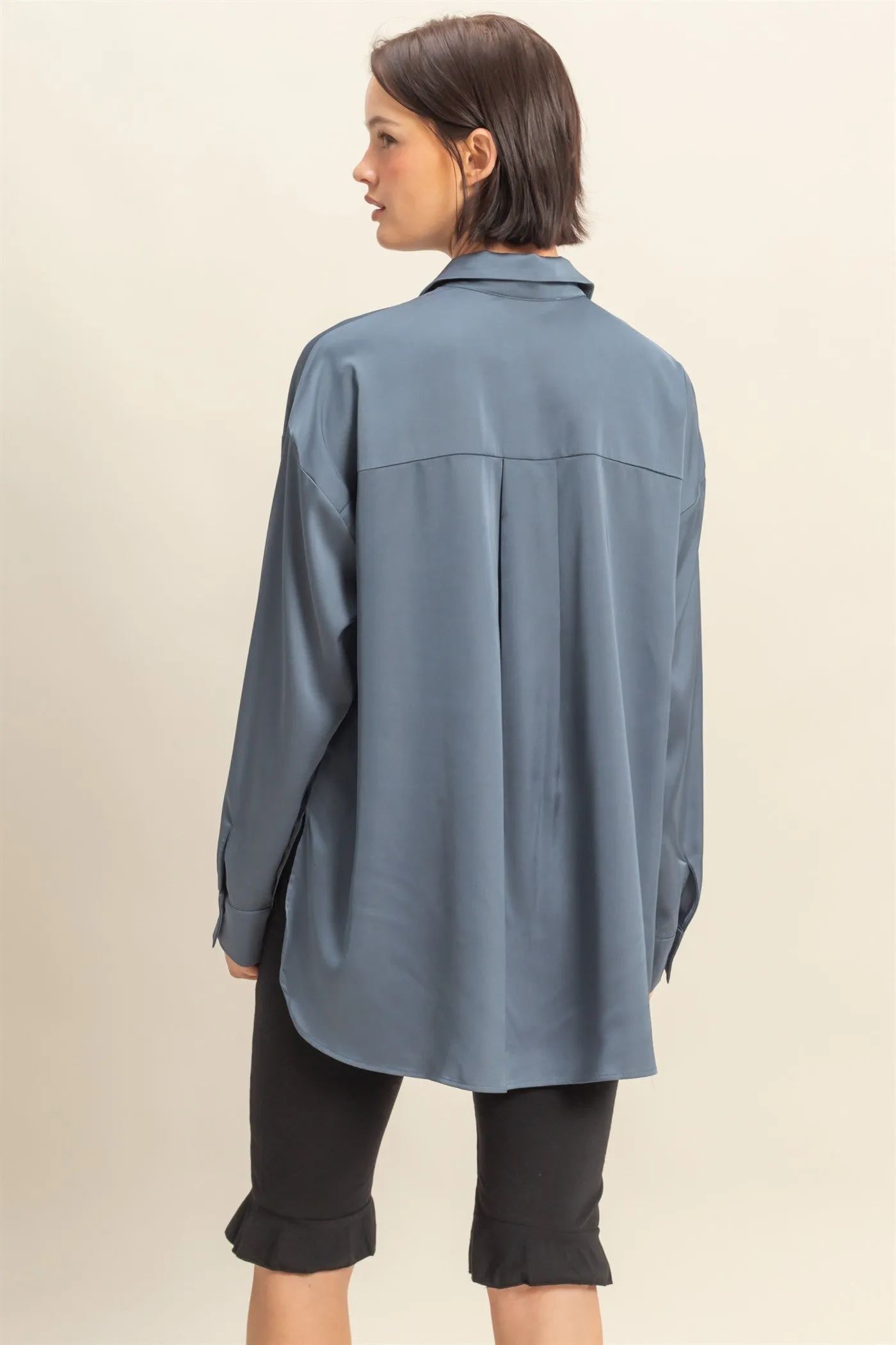 Navy Long Sleeve Oversized Satin Maternity Shirt sold by Pinkblush product image thumbnail 3