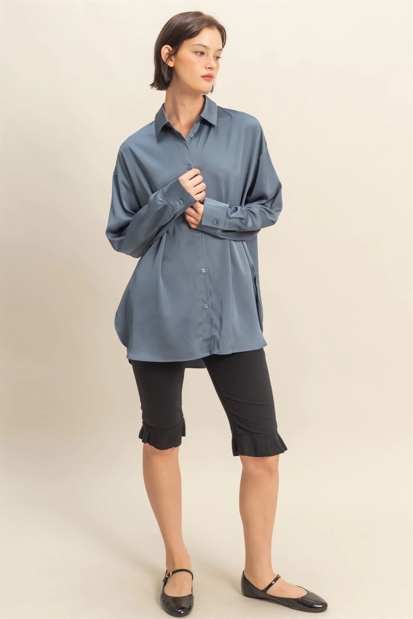 Navy Long Sleeve Oversized Satin Maternity Shirt sold by Pinkblush product image thumbnail 4