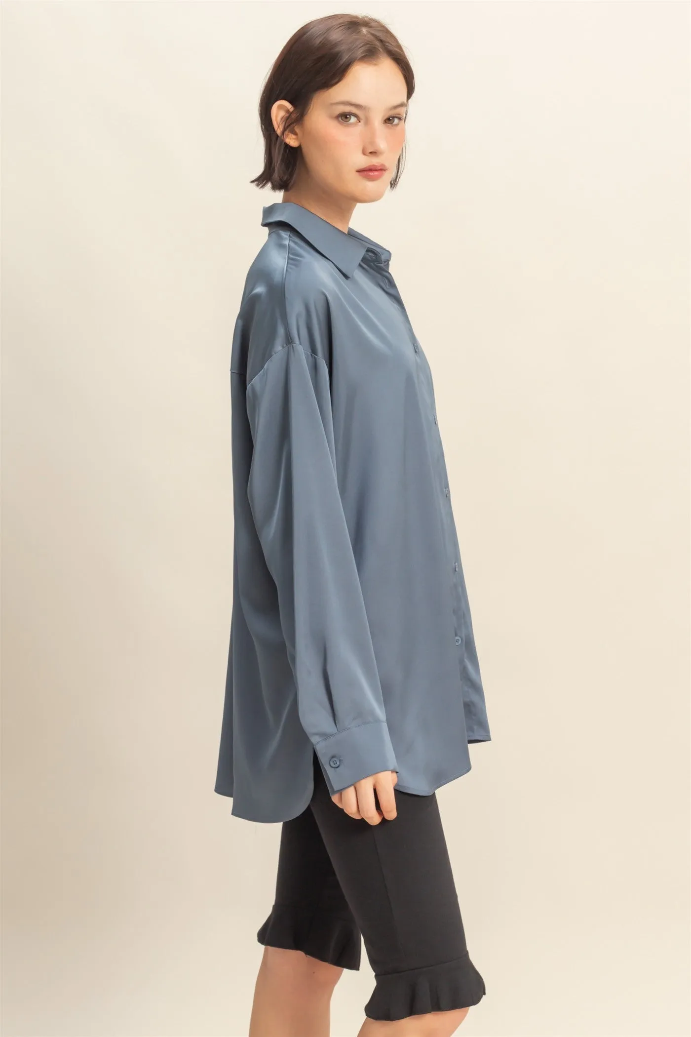 Navy Long Sleeve Oversized Satin Maternity Shirt sold by Pinkblush product image thumbnail 2