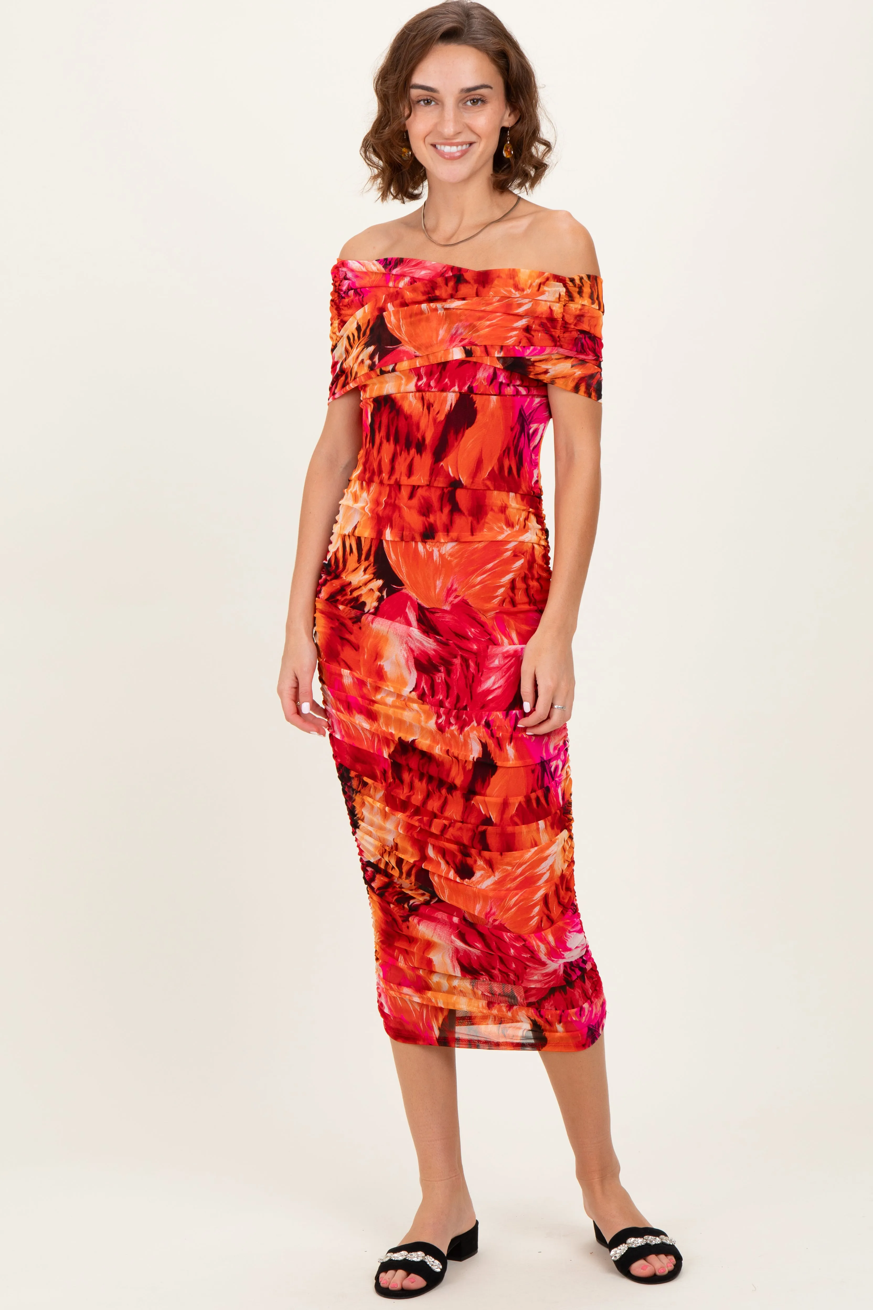 Orange Printed Off Shoulder Ruched Midi Dress sold by Pinkblush