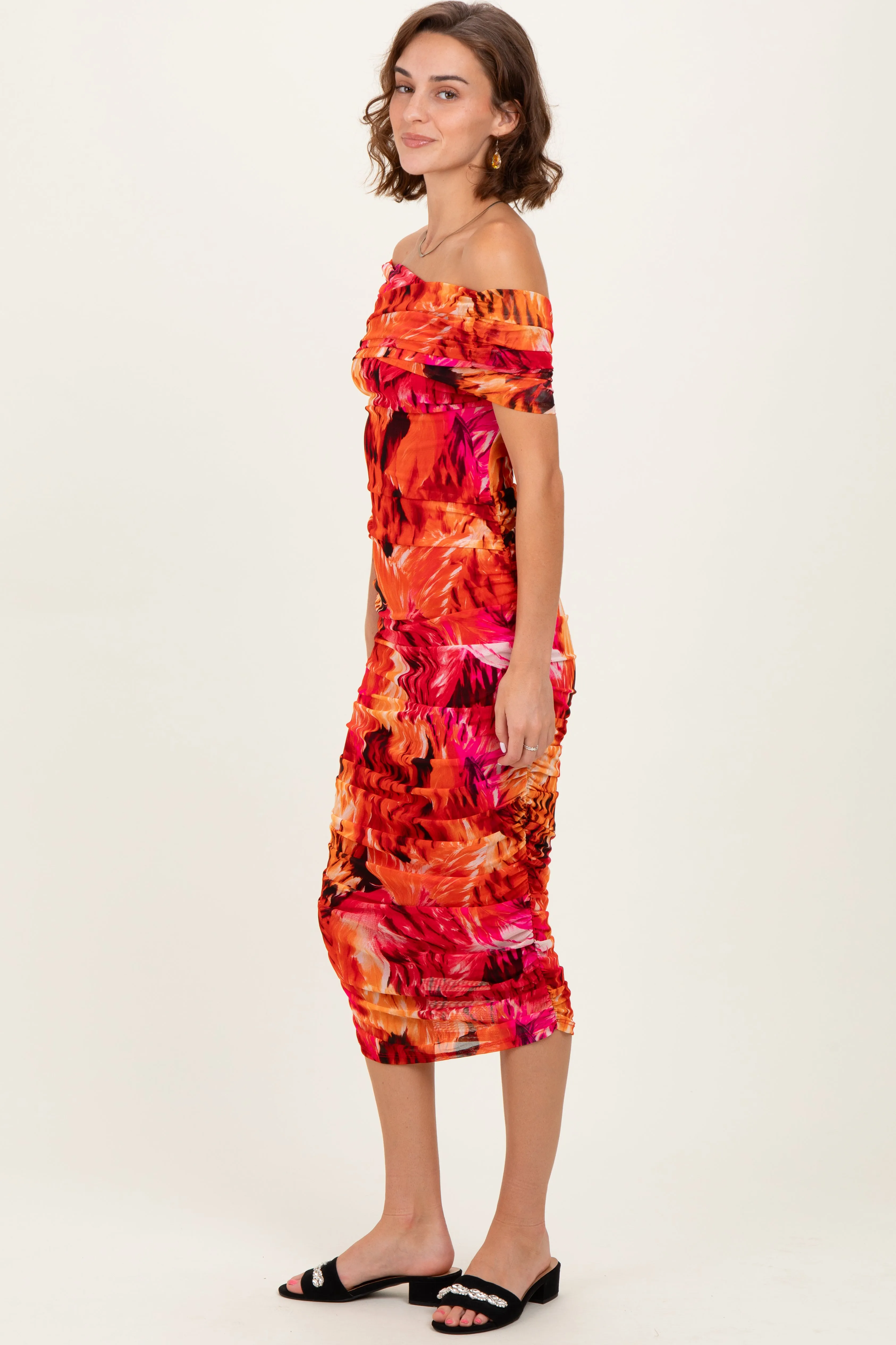 Orange Printed Off Shoulder Ruched Midi Dress sold by Pinkblush product image thumbnail 2