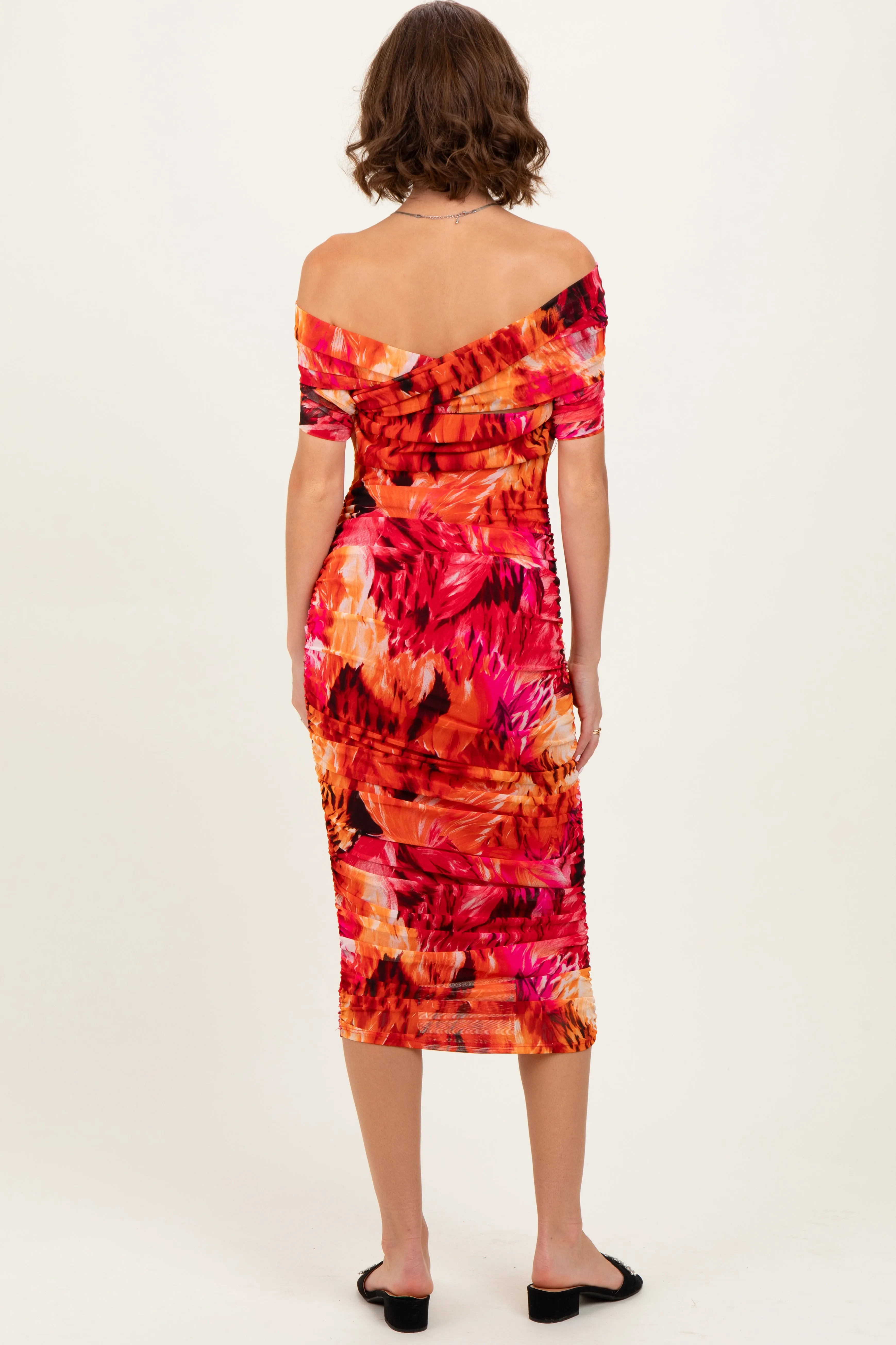 Orange Printed Off Shoulder Ruched Midi Dress sold by Pinkblush product image thumbnail 3
