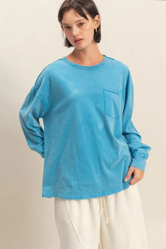 Aqua Oversized Washed Long Sleeve Pocket Top sold by Pinkblush