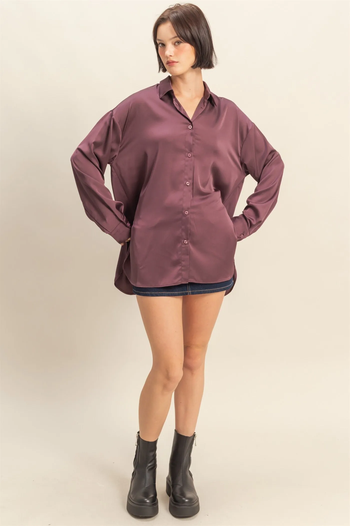 Burgundy Long Sleeve Oversized Satin Maternity Shirt sold by Pinkblush product image thumbnail 4