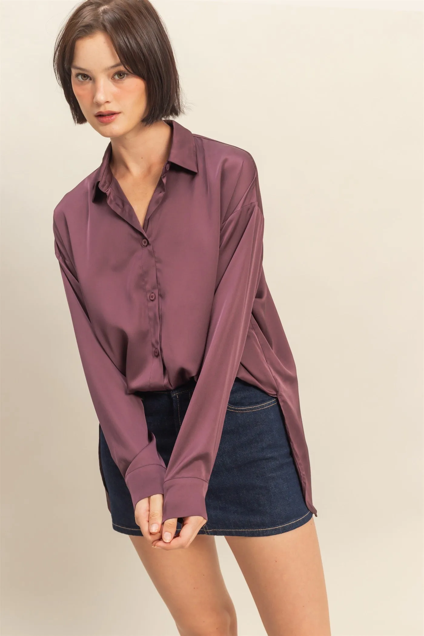 Burgundy Long Sleeve Oversized Satin Maternity Shirt sold by Pinkblush