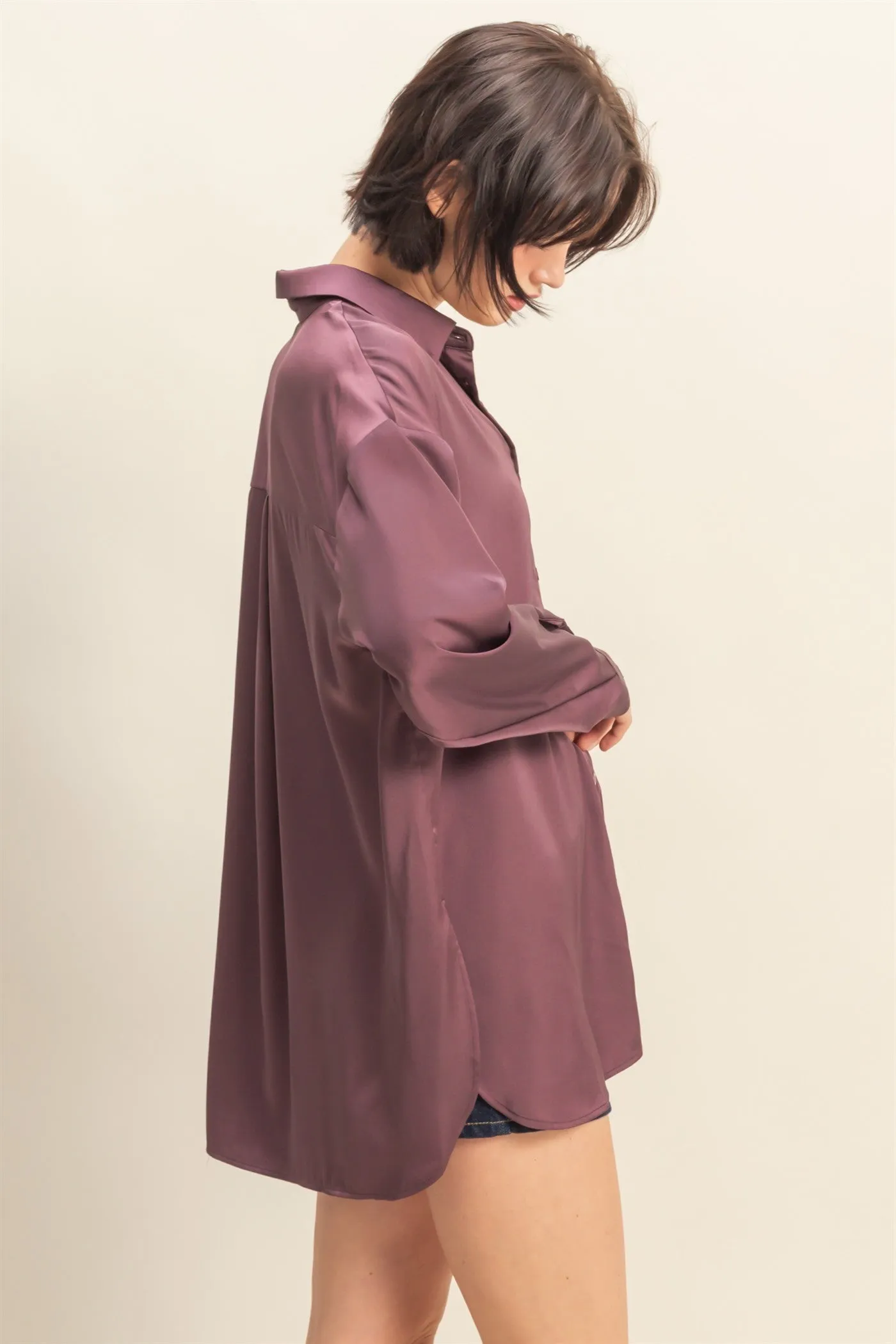 Burgundy Long Sleeve Oversized Satin Maternity Shirt sold by Pinkblush product image thumbnail 2