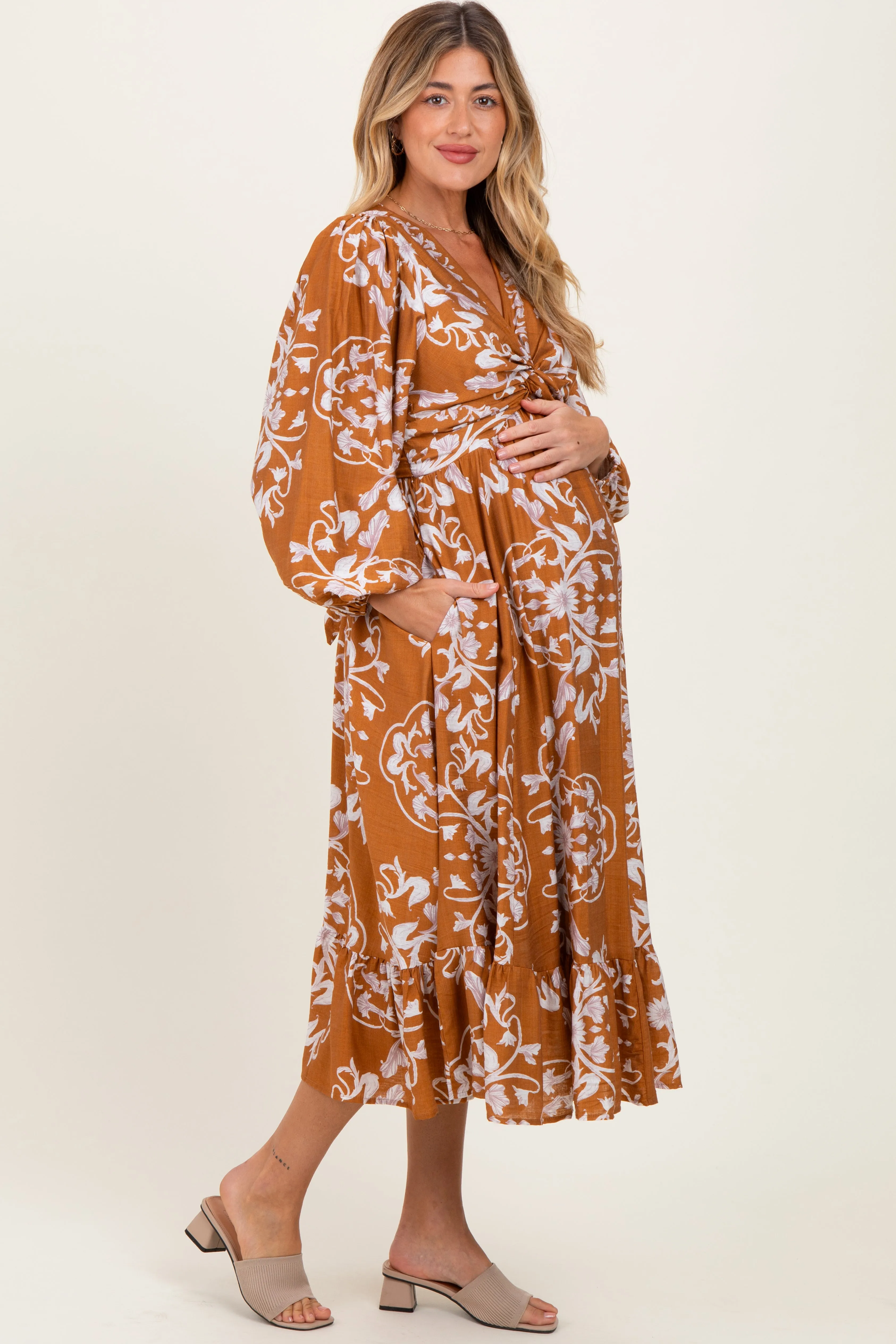 Camel Floral Twist Front Long Sleeve Maternity Midi Dress sold by Pinkblush product image thumbnail 3