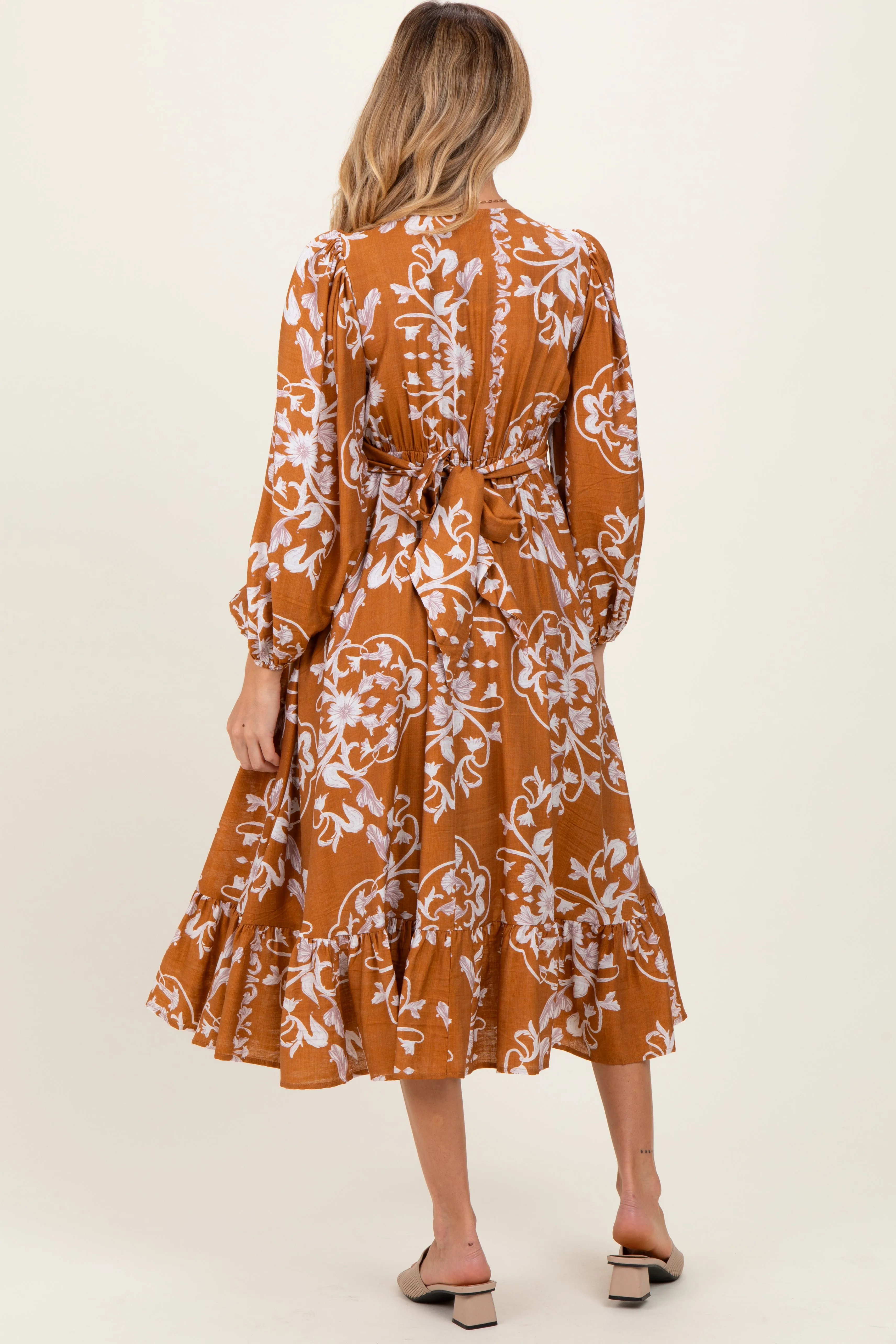 Camel Floral Twist Front Long Sleeve Maternity Midi Dress sold by Pinkblush product image thumbnail 4