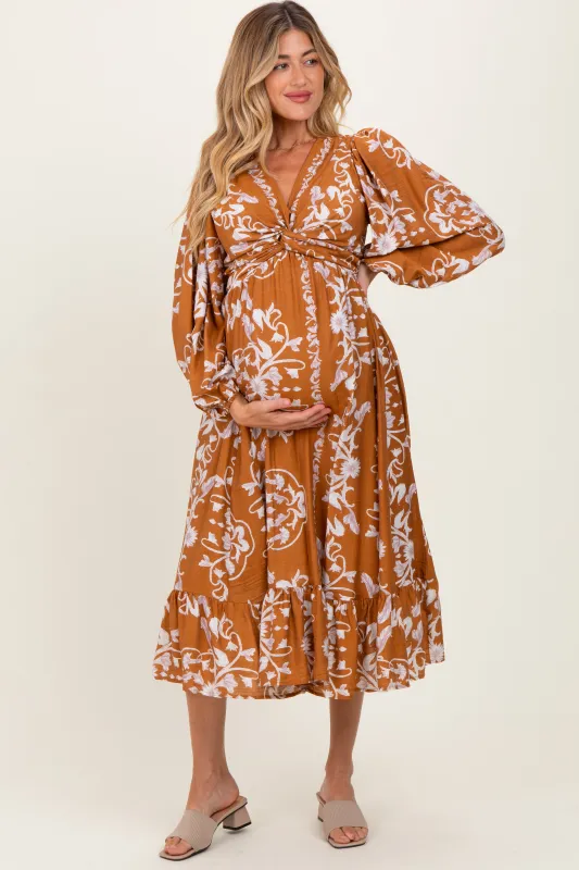 Camel Floral Twist Front Long Sleeve Maternity Midi Dress sold by Pinkblush