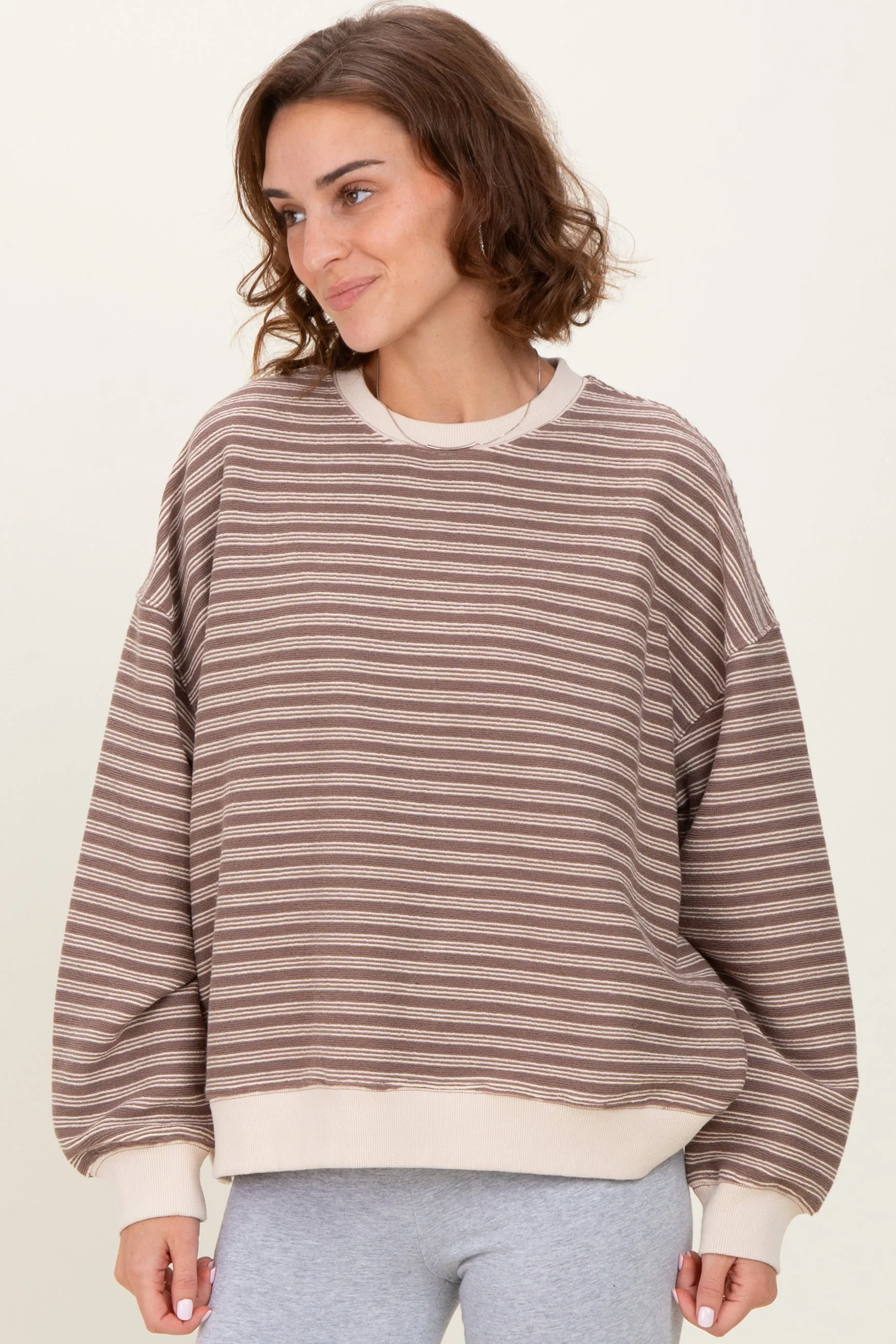 Mocha Striped Knit Relaxed Fit Pullover sold by Pinkblush
