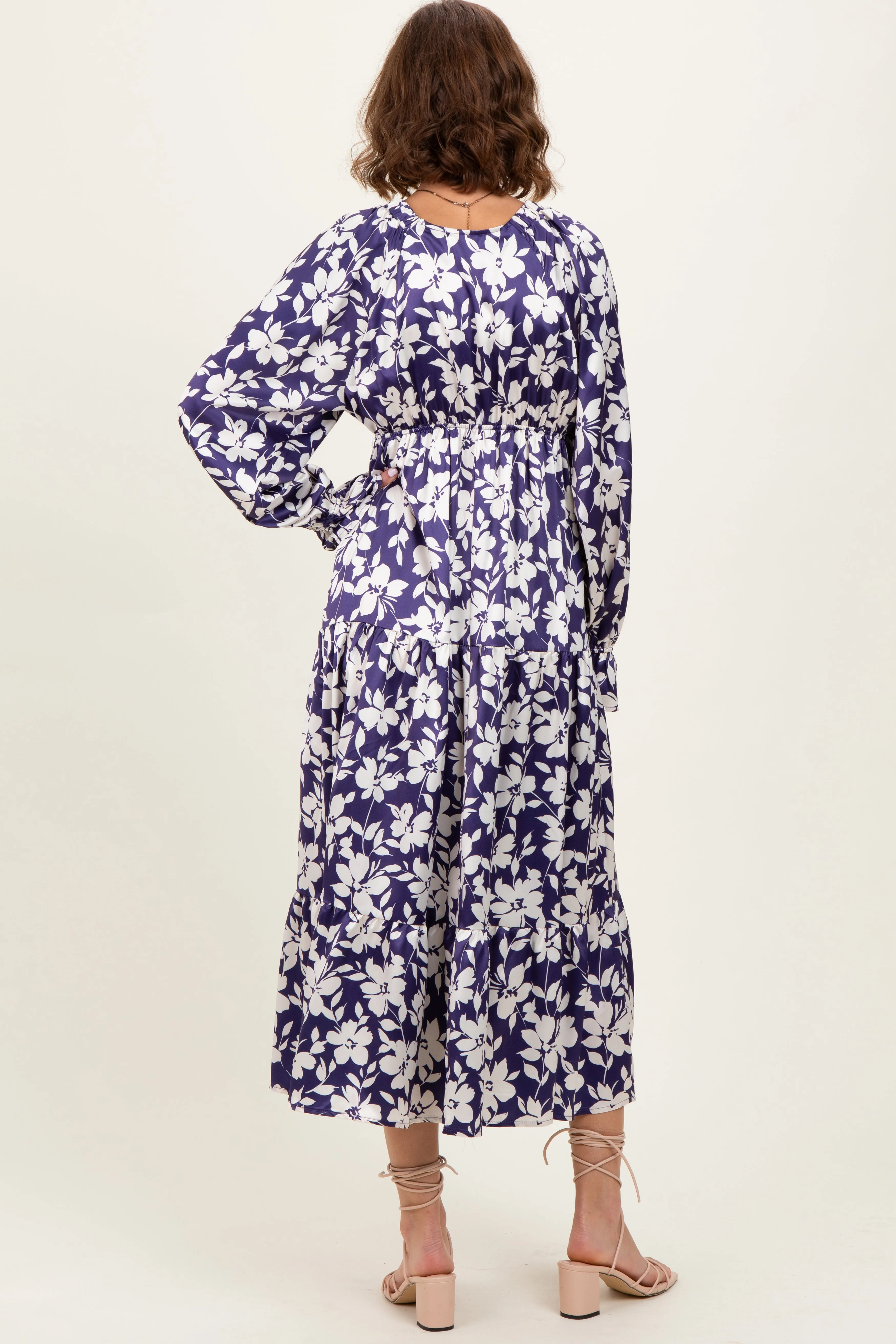 Navy Floral Tiered Ruched V-Neck Satin Maxi Dress sold by Pinkblush product image thumbnail 4