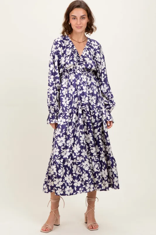 Navy Floral Tiered Ruched V-Neck Satin Maxi Dress sold by Pinkblush